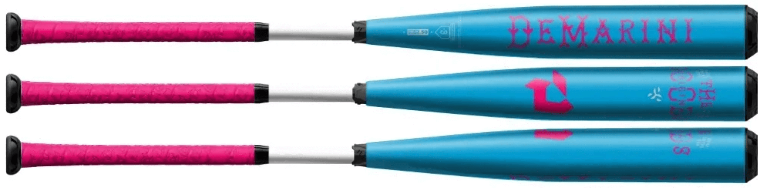 DeMarini Goods Two Piece Limited Edition Blue Nightmare bat featuring a blue alloy barrel and pink grip.