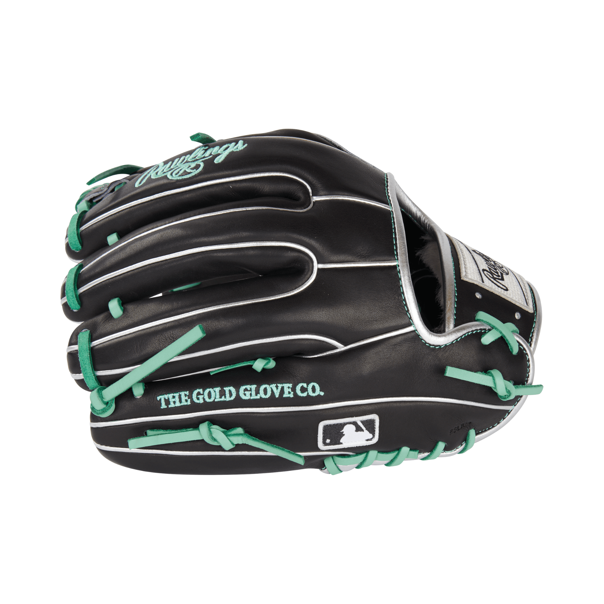 Rawlings Pro Preferred 11.5" infield baseball glove with black leather and green accents, showcasing premium construction and design.