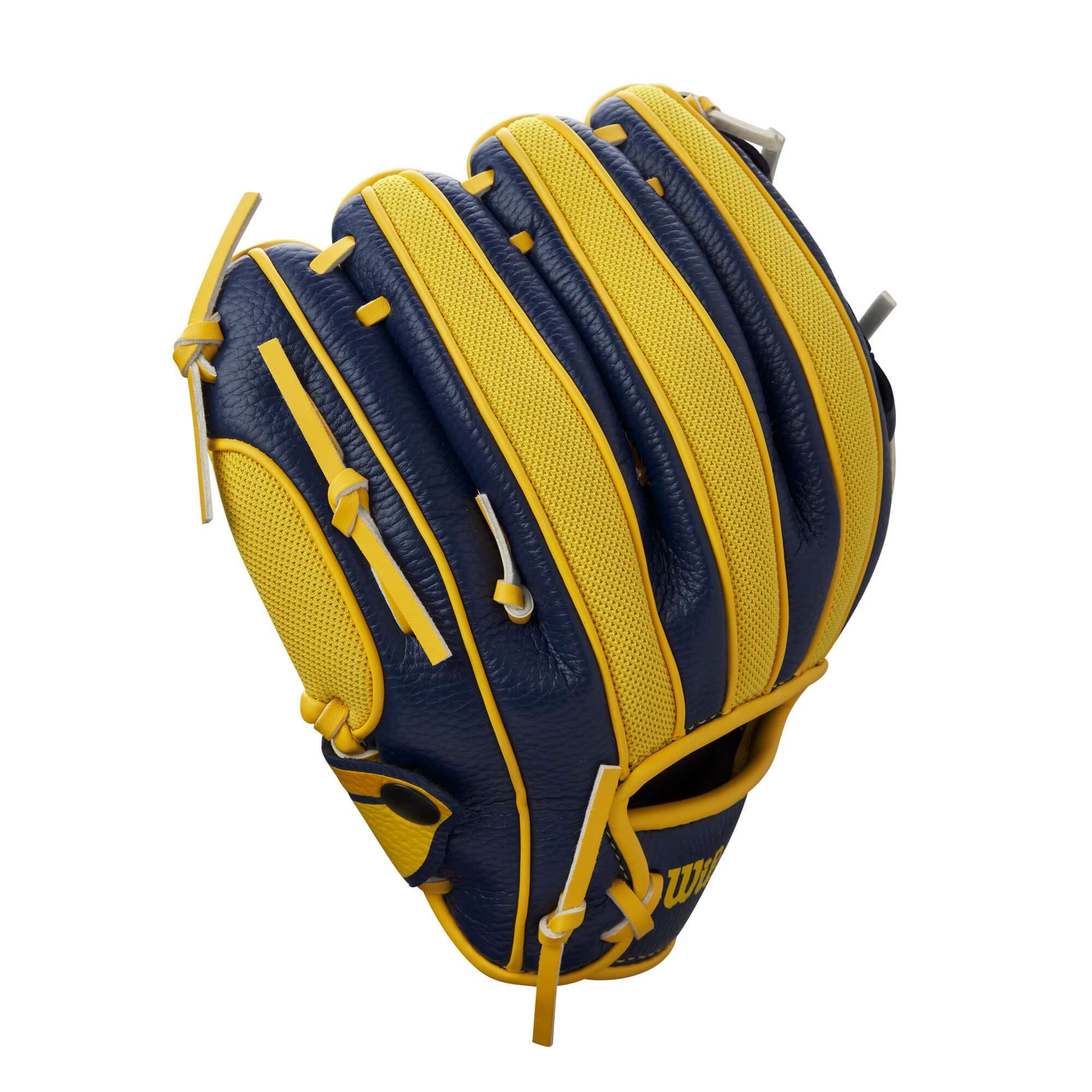 Wilson 2024 A200 EZ Catch Savannah Bananas 10” T-Ball Glove in Banana Yellow and Navy Blue design.