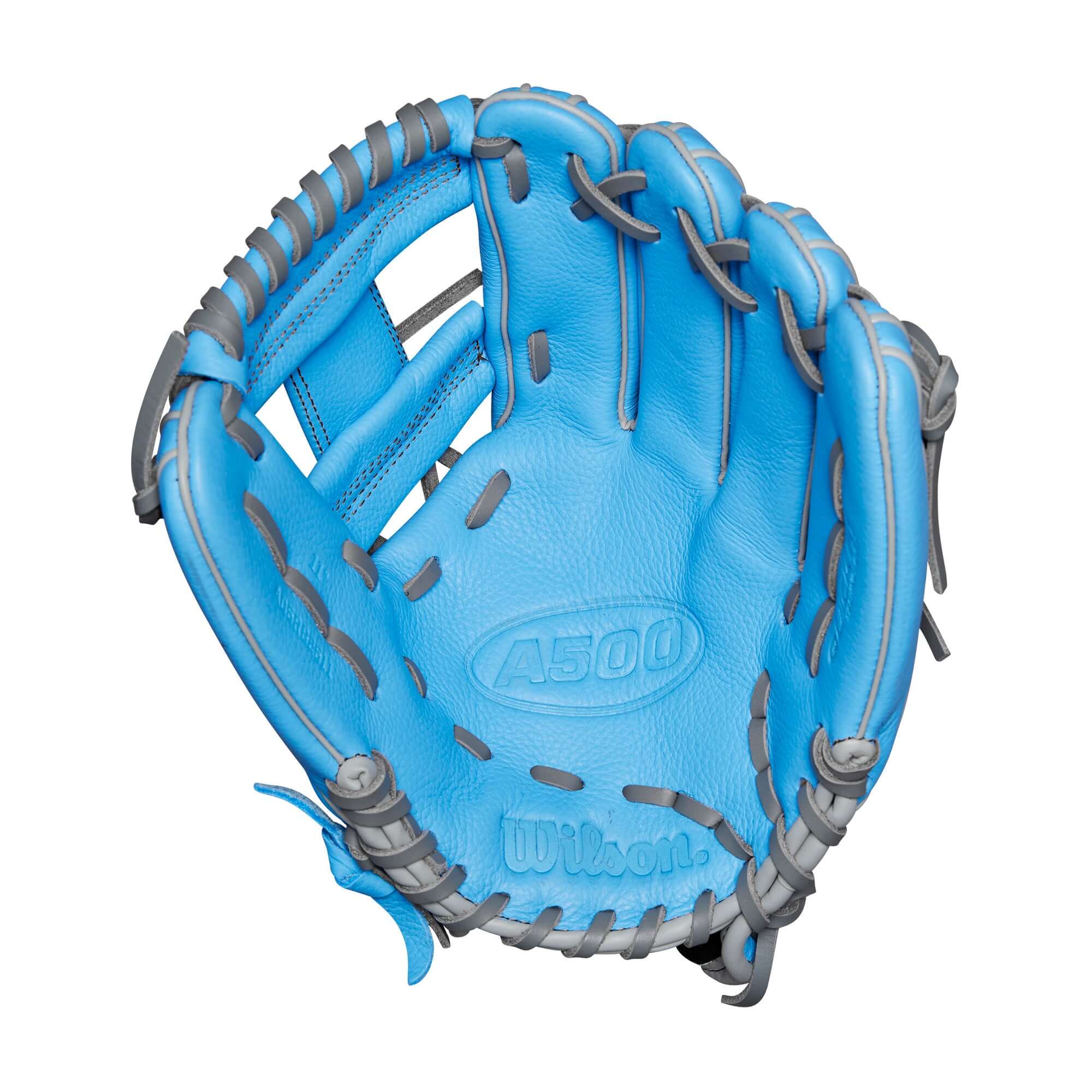 Palm view of Wilson A500 Youth Glove, highlighting front side double palm construction and top grain leather for stability and ease.
