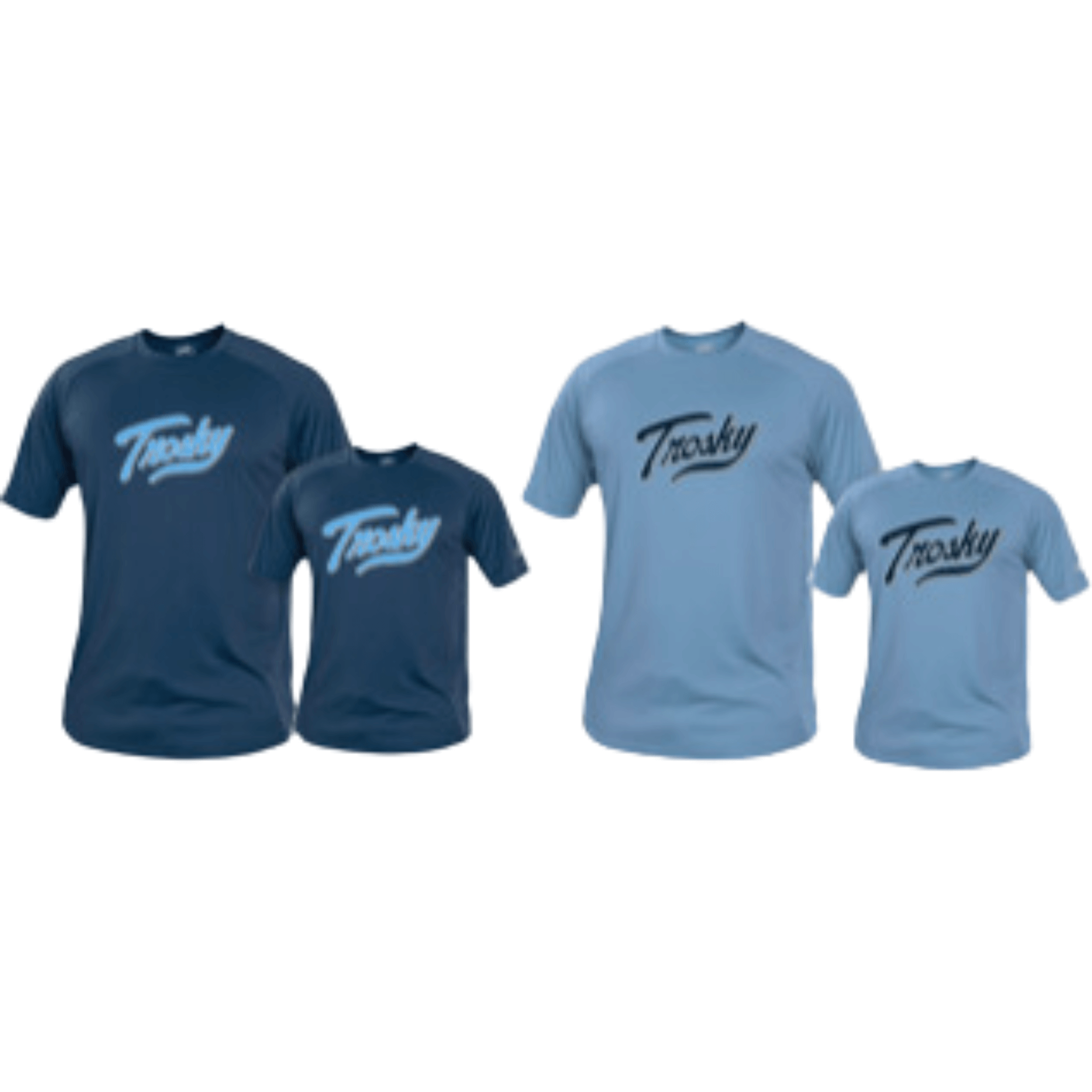 Set of 2 Rawlings Trosky performance tees in navy and blue, featuring moisture management fabric and raglan sleeves.