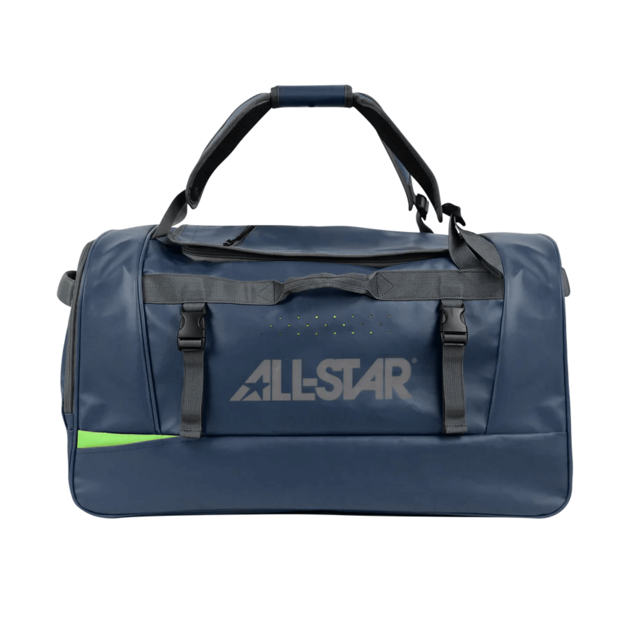 Front view of All-Star S7 Elite Player Duffle in navy, showcasing durable design
