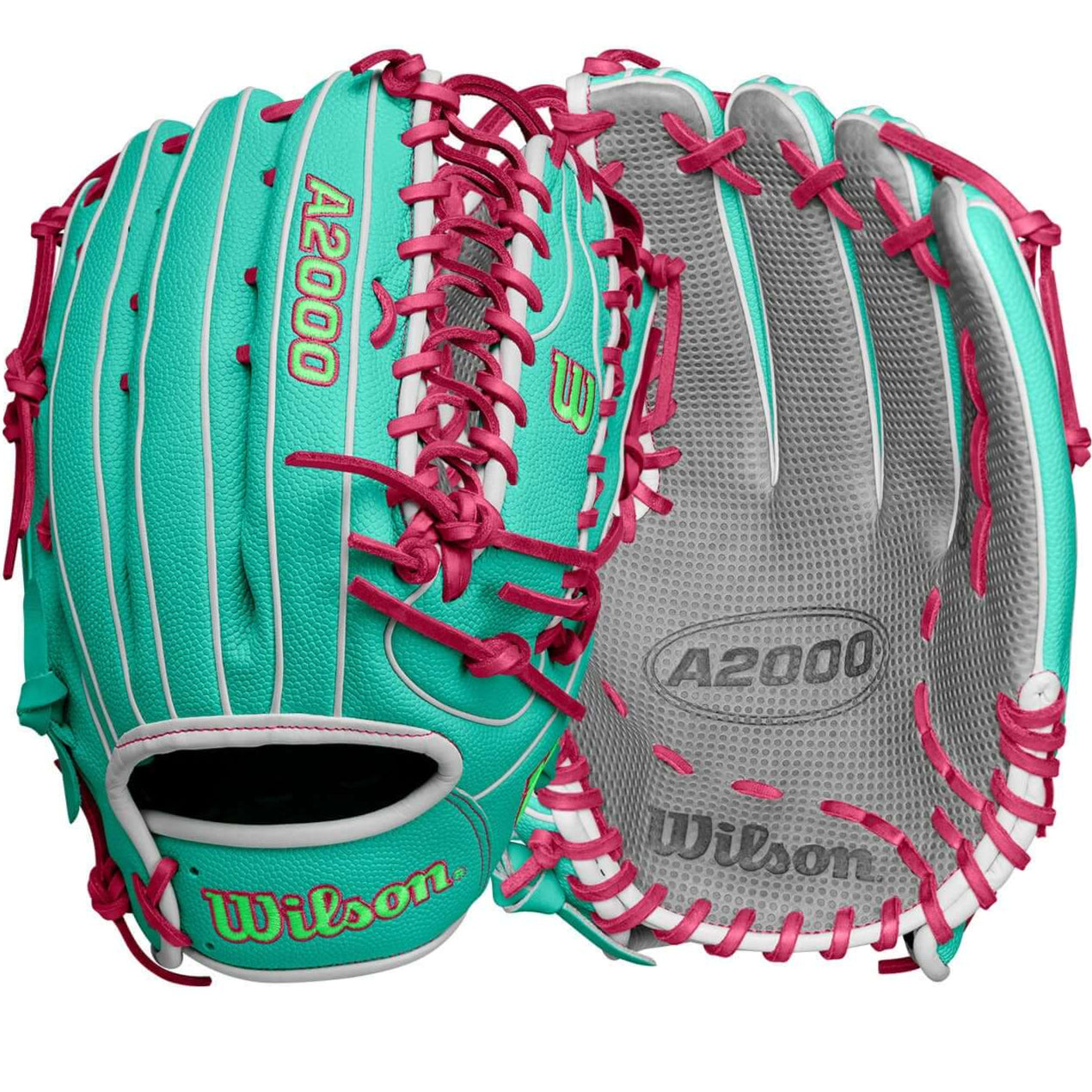 Wilson A2000 SCOT7SS glove in seafoam and flamingo colors, designed for outfield maneuverability.