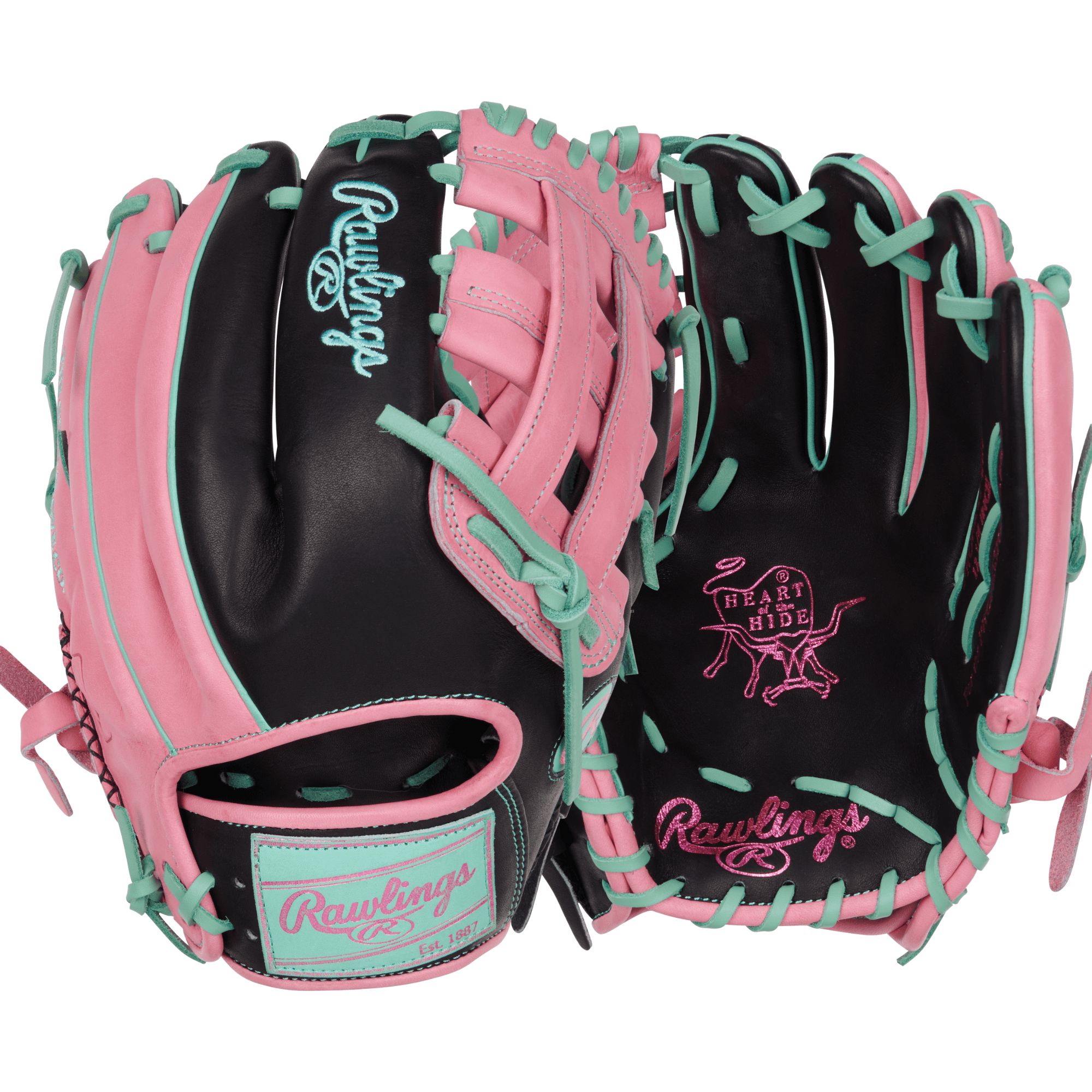 Back and palm view of Rawlings 12.25'' ColorSync 9.0 Outfield Glove in black and pink leather with mint accents.
