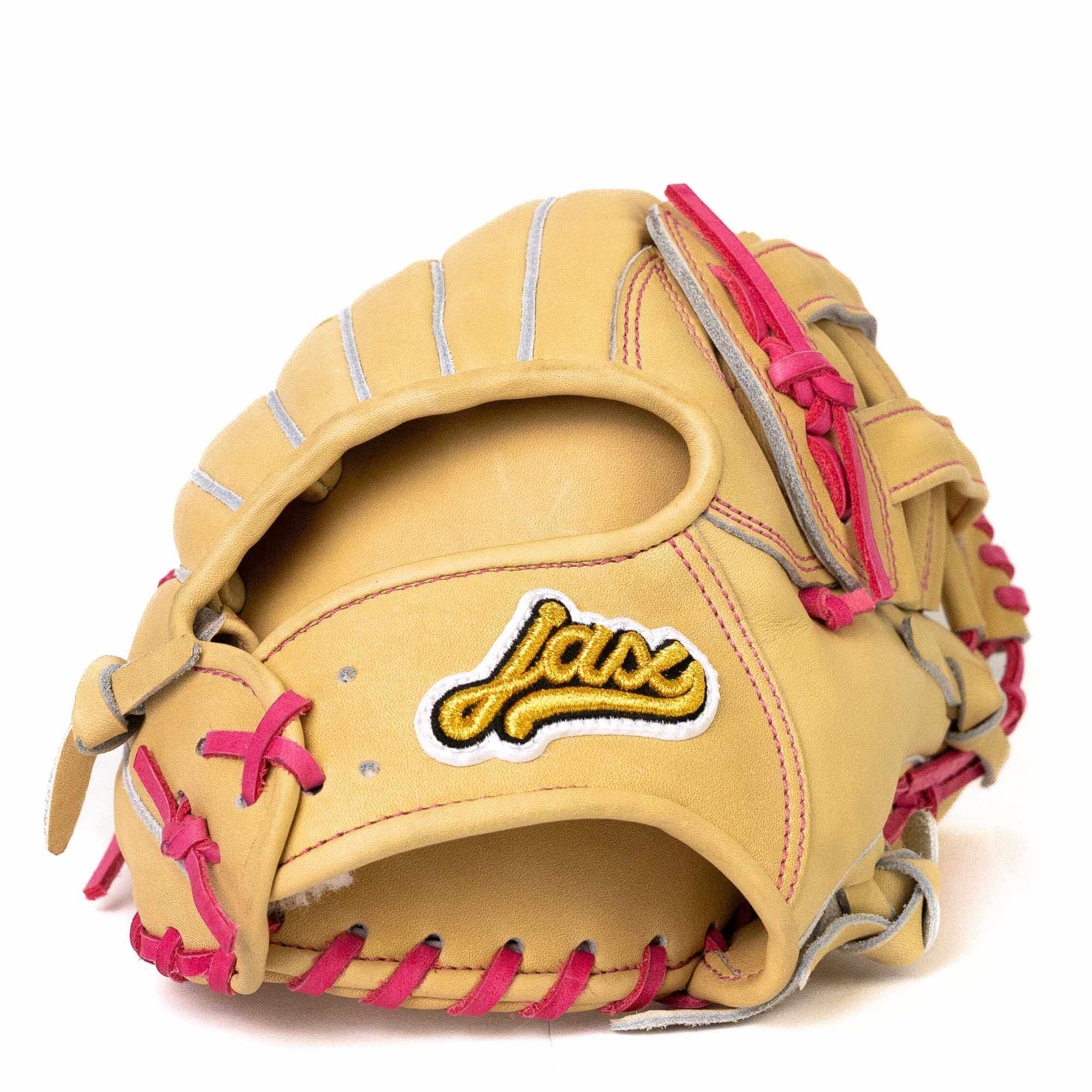 Jax EN-7 infield glove in blonde leather with pink accents, showing flexible design and deep pocket for baseball players.
