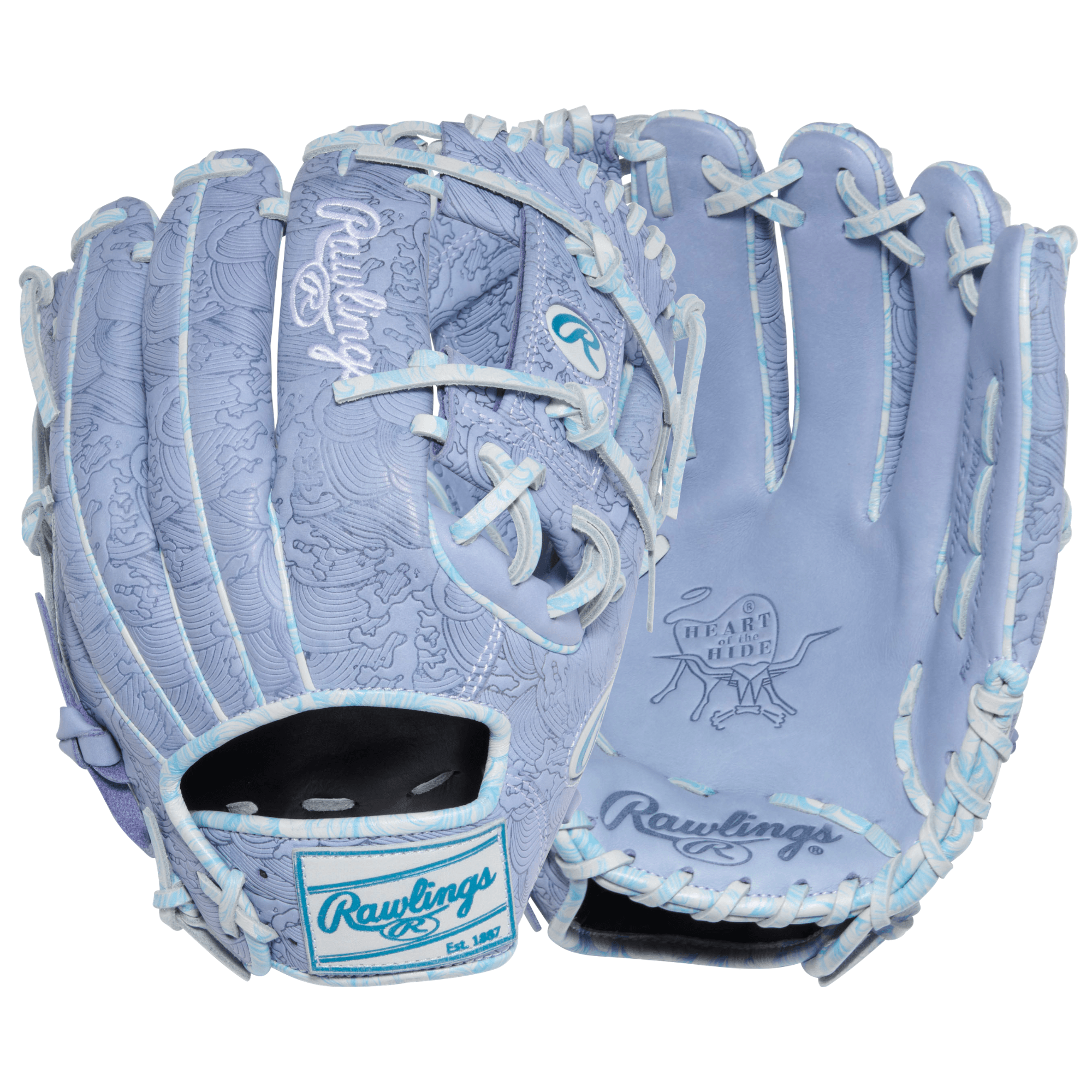 Rawlings May 2026 Gold Glove Club RGGC PROR2175-2PEW 11.75" Baseball Glove, palm and backhand view, periwinkle color with I-web