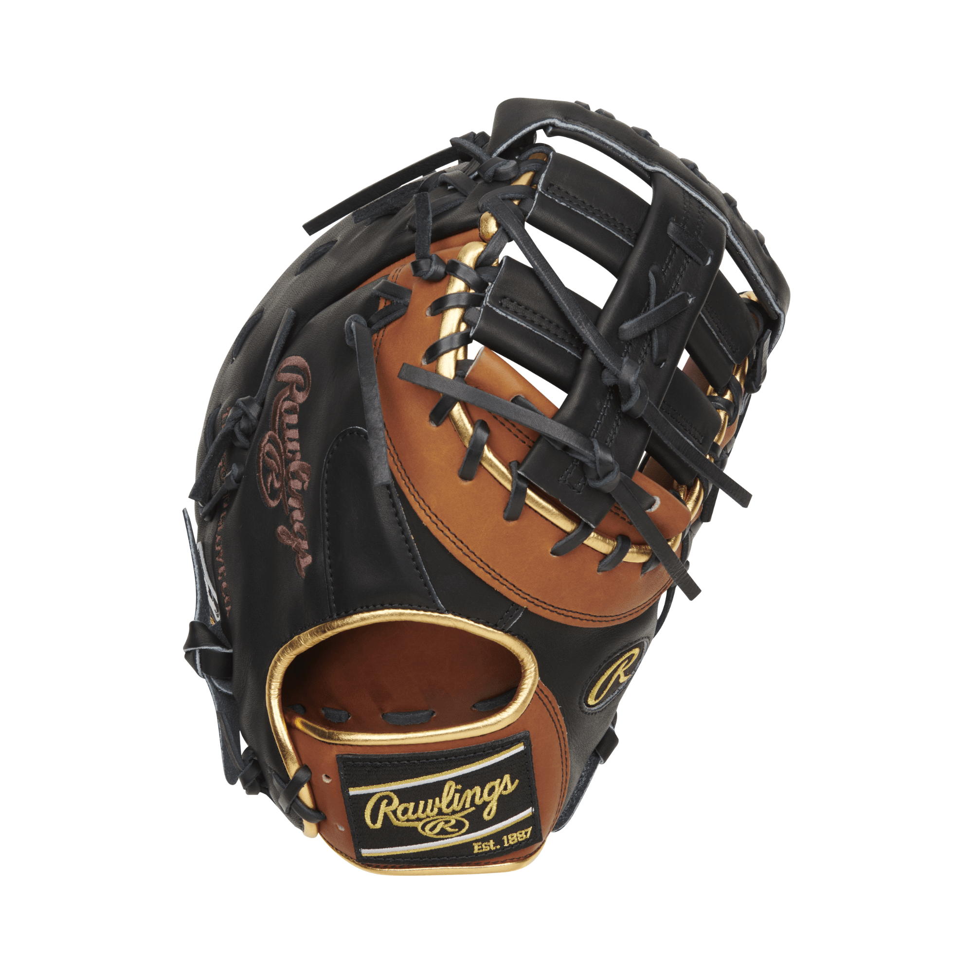 Rawlings Heart Of The Hide Color Sync 8.0 limited edition 13" first base mitt in black and brown with gold binding.