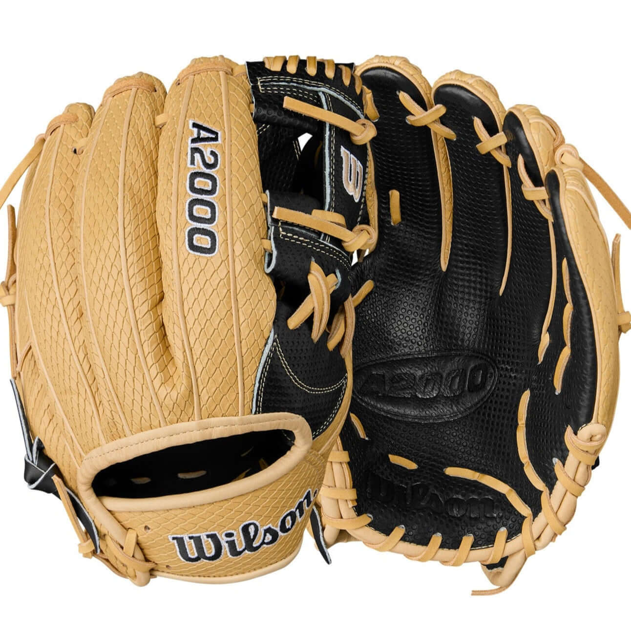 Back and palm view of Wilson A2000 KBH13 11.75'' Infield Glove with Black Pro Stock® leather and Blonde SuperSnakeSkin.
