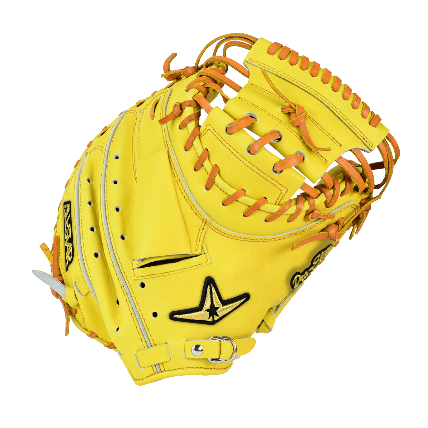 All-Star Pro-Elite Japan 34" Catchers Mitt Closed Back Yellow/Light Brown, backhand view with orange lacing and star patch.