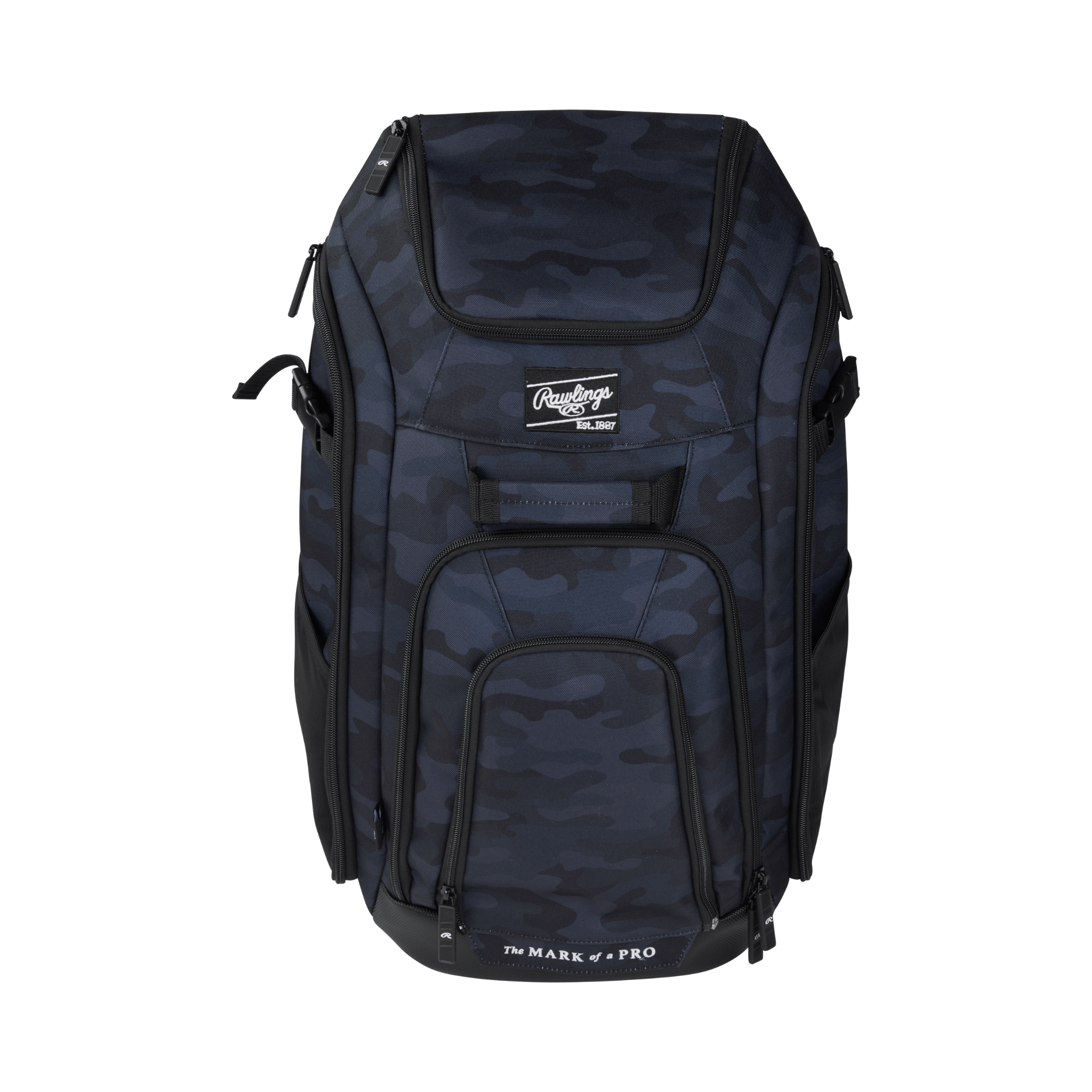 Front view of Rawlings Legion 2 Players Backpack in dark camo design with multiple zippered compartments and visible logos.