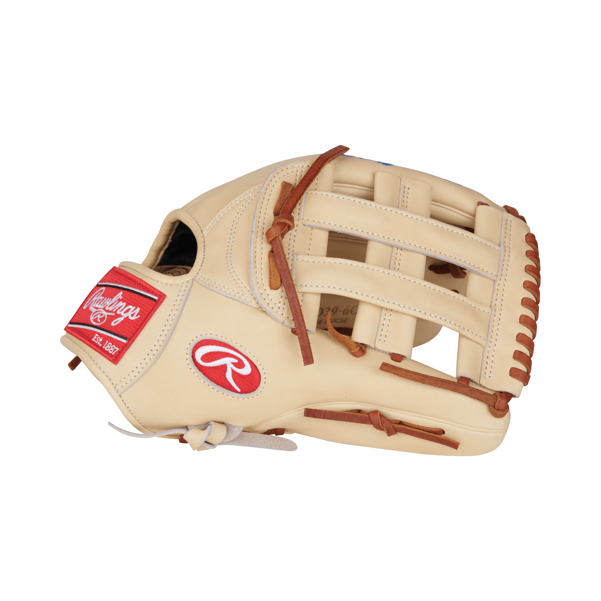 Rawlings Heart of the Hide 12.75" RHT outfield glove in camel leather with tan laces and red patch.