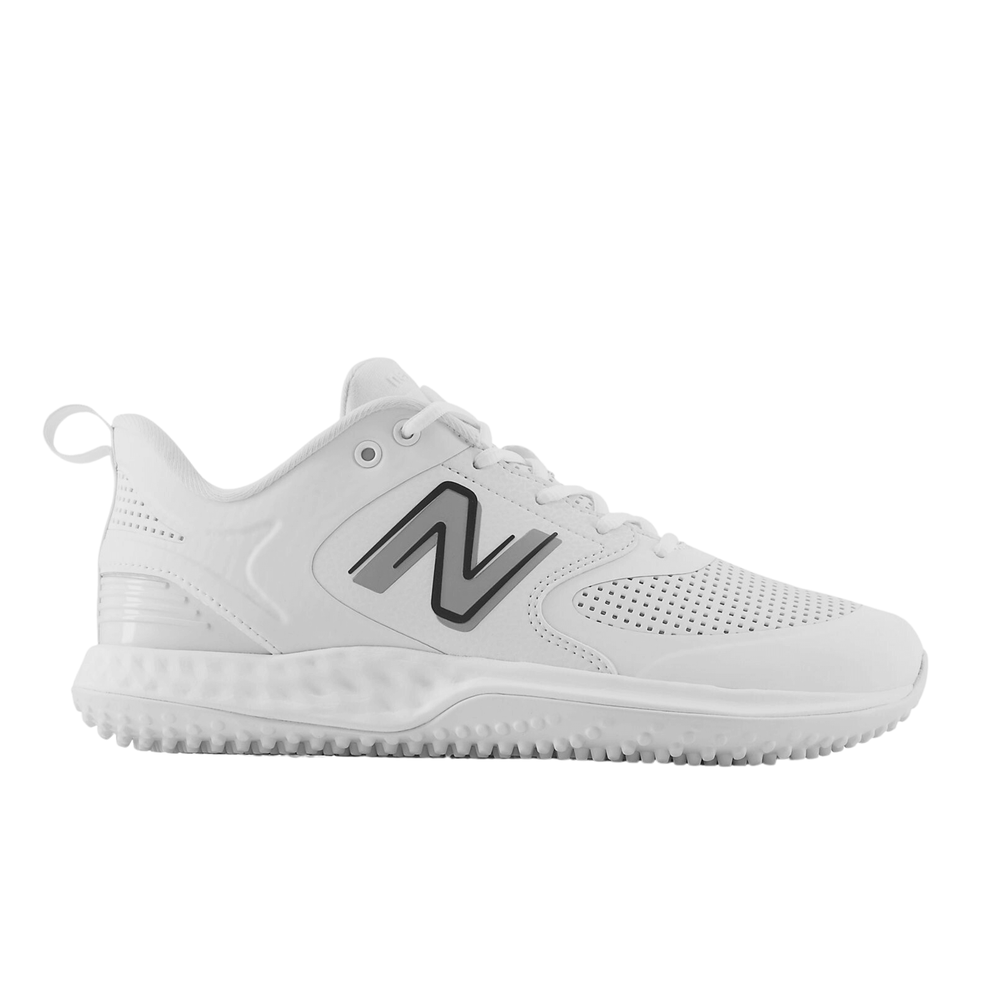 Side view of New Balance Fresh Foam 3000 v6 Turf -Trainer T3000SW6 White, showing perforated upper and nubbed outsole.