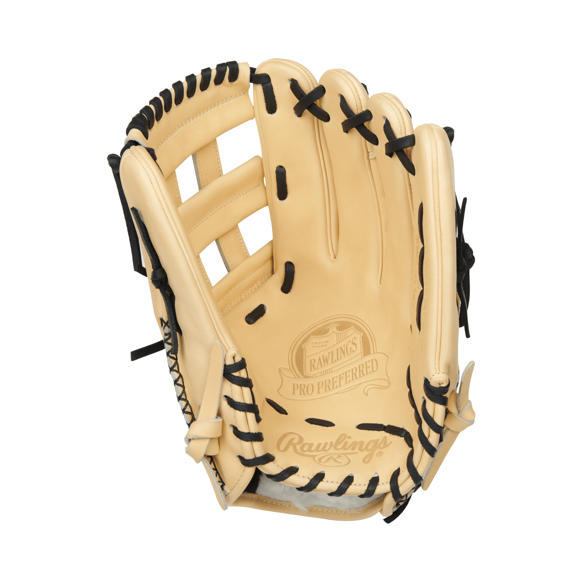 Rawlings Pro Preferred 12.75-inch Speed Shell outfield glove in tan leather with black lacing and stylish design.