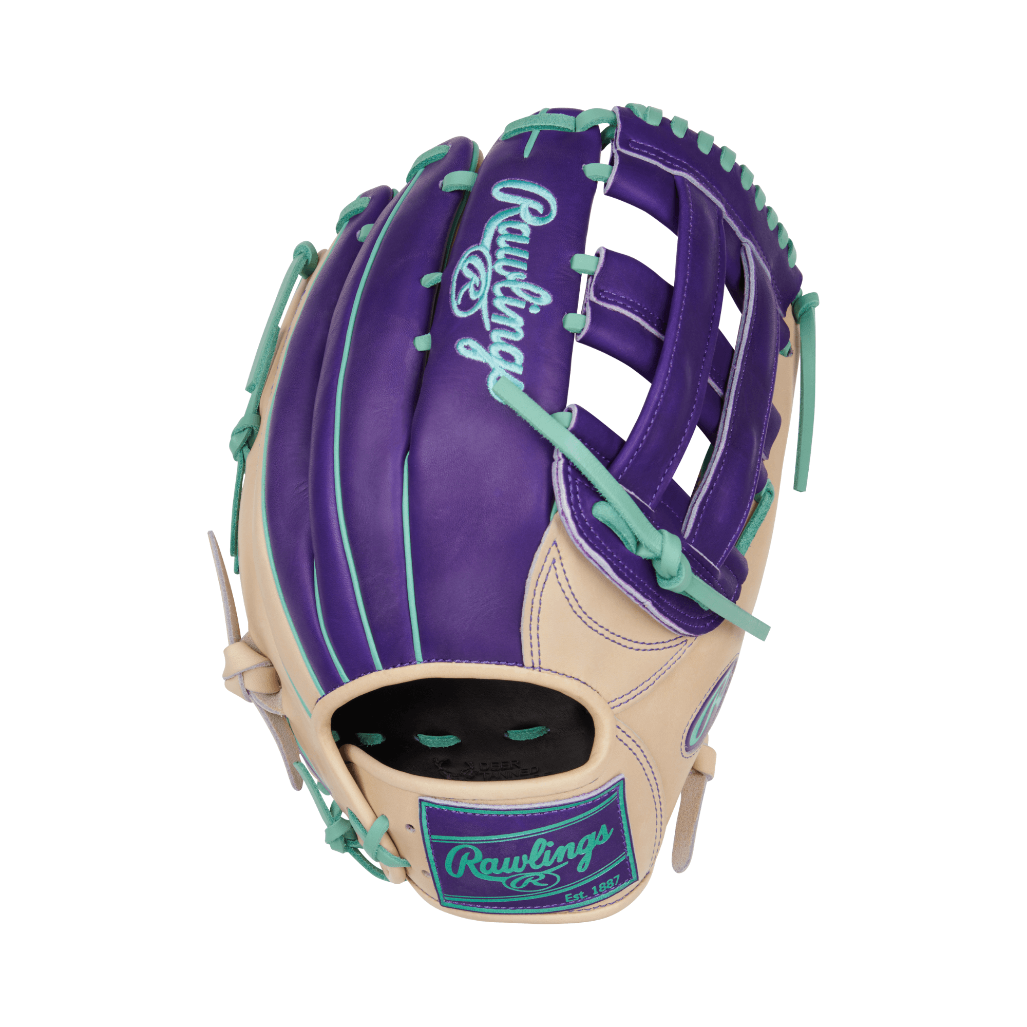 Back view of the Rawlings Color Sync 9.0 glove featuring shiny purple foil stamp, mint laces, and conventional back design.