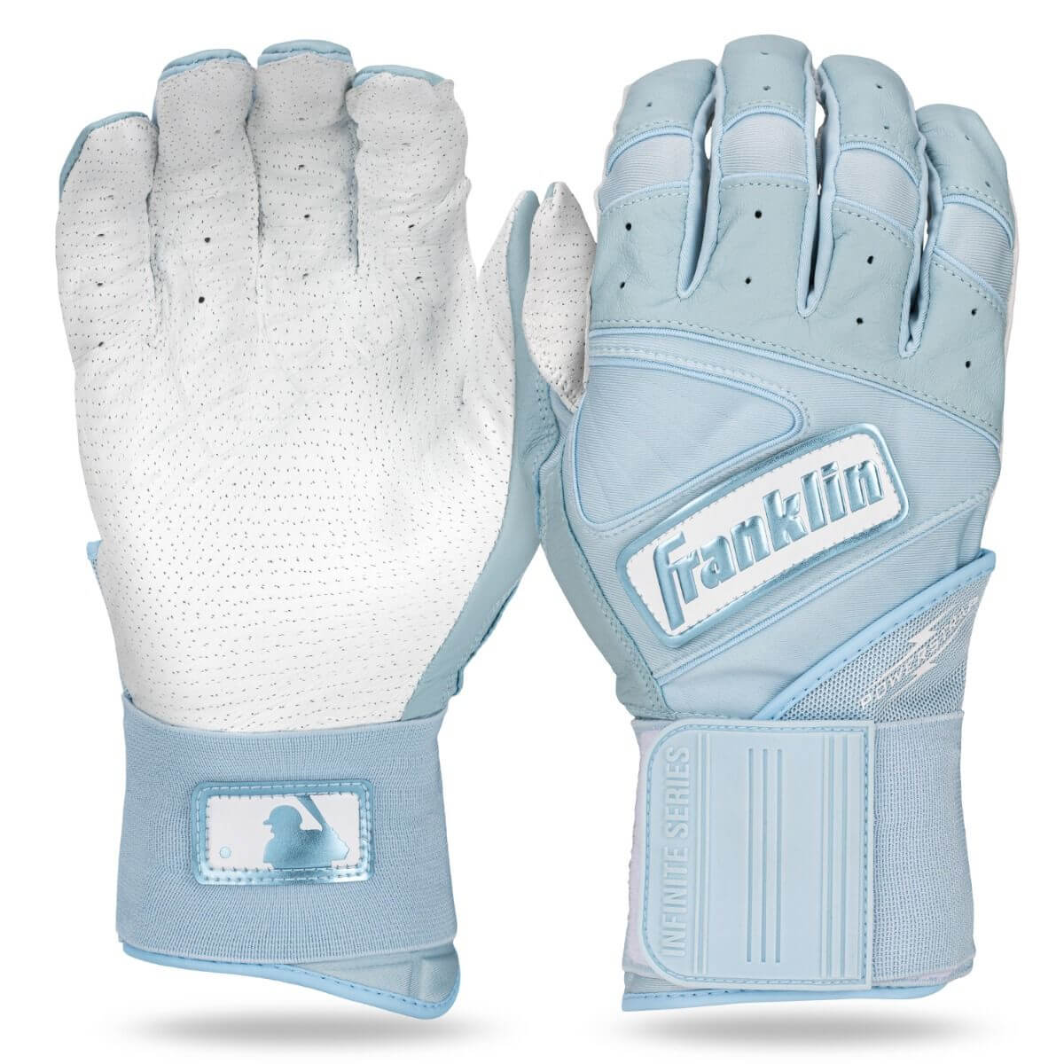 Franklin PowerStrap Infinite Series Youth Batting Gloves in Carolina Blue, designed for performance and durability.