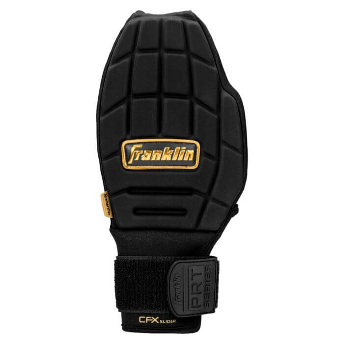 Franklin CFX Slider PRT Protective Reversible Sliding Glove, backhand view, black with gold logo and reinforced wrist strap.