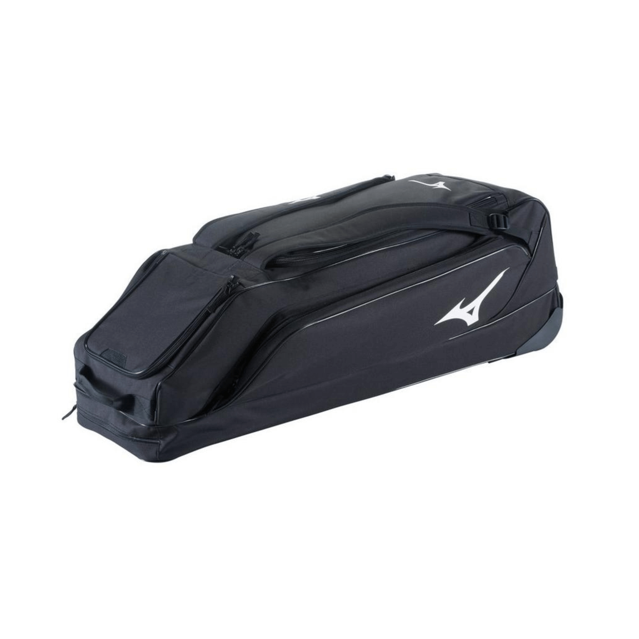Side view of Mizuno Classic Wheel Bag G2 showcasing the black design and logo, with visible handles and wheels for mobility.