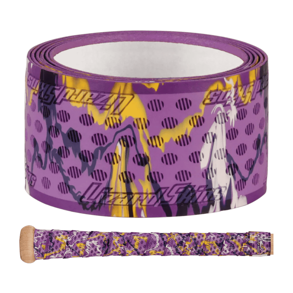 Lizard Skins DSP Ultra Bat Grip - 1.1 mm in purple with yellow and black pattern, roll view with graphics visible.
