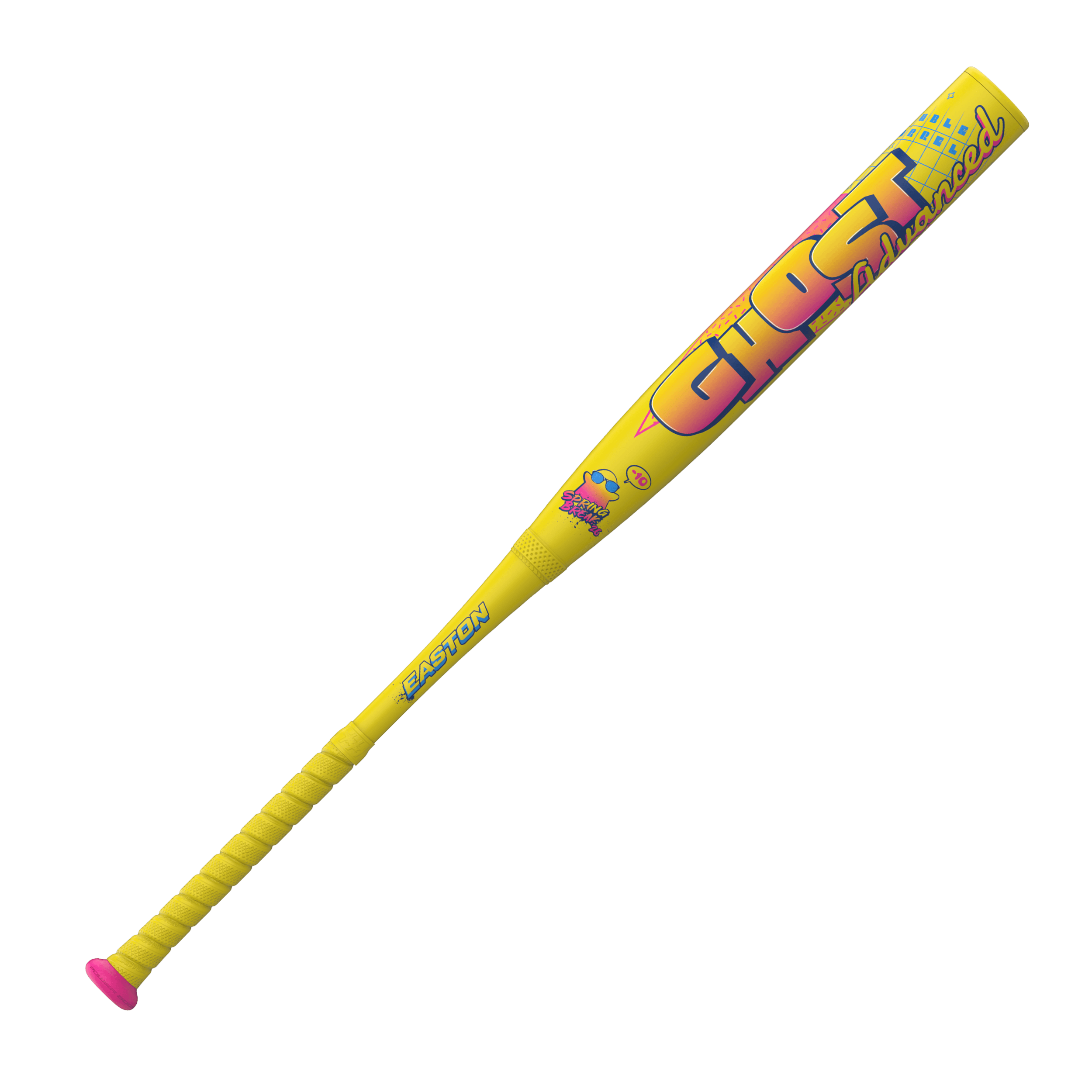 Easton Ghost Advanced (-11) fastpitch softball bat, yellow with pink accents, side profile view.
