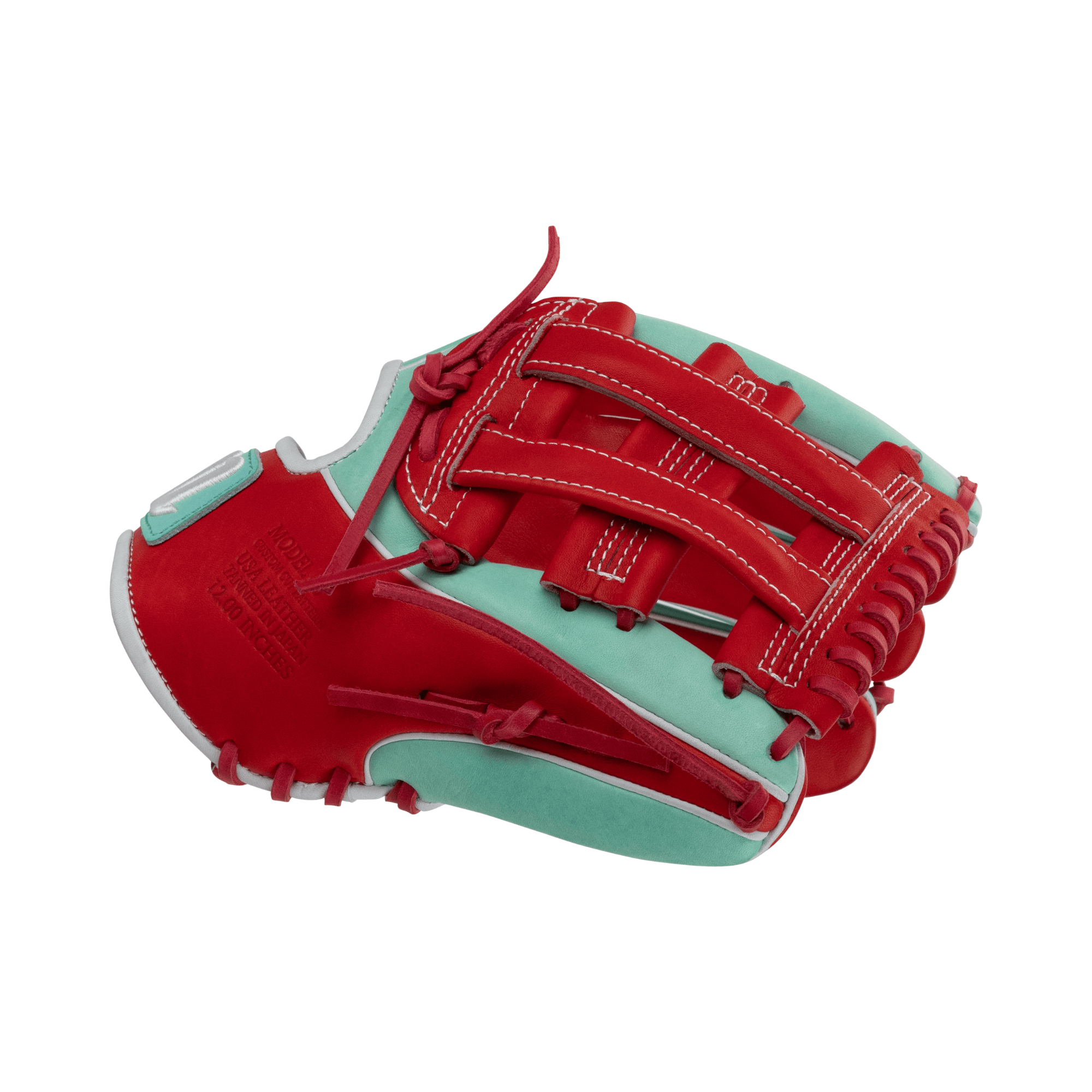 Marucci Capitol M Type 45A3 12" baseball glove in mint and red with premium leather and dual wide fit design.