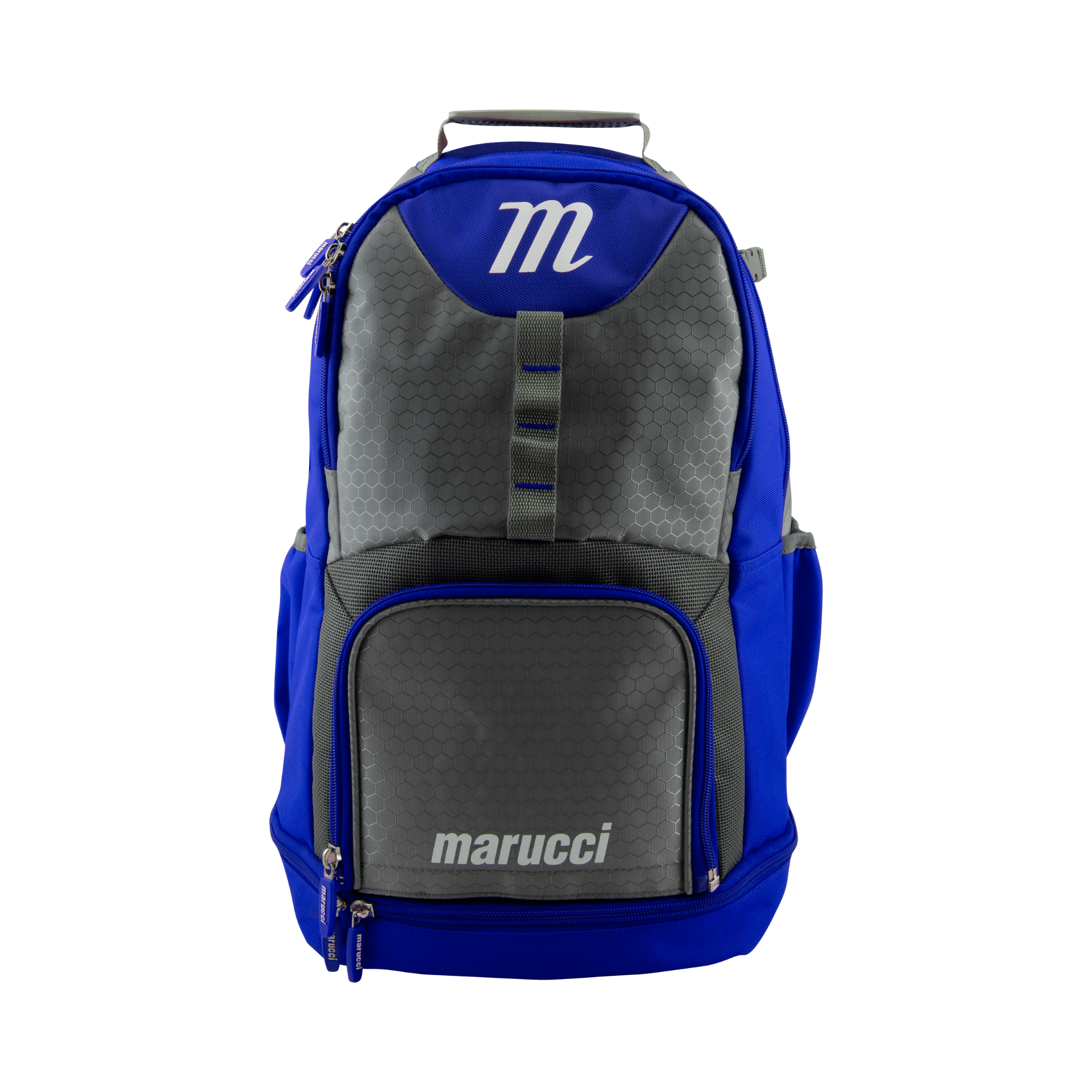 Front view of Marucci F5 Bat Pack in blue and gray with logo displayed on top and zipper compartments visible.