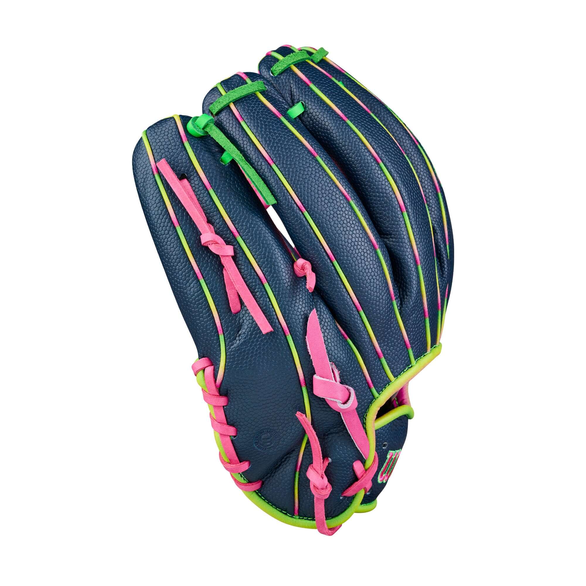 Backhand view of Wilson Glove of the Month (GOTM) June 2026 A2000 1724 11.75" Infield Baseball Glove in navy, pink, and green.