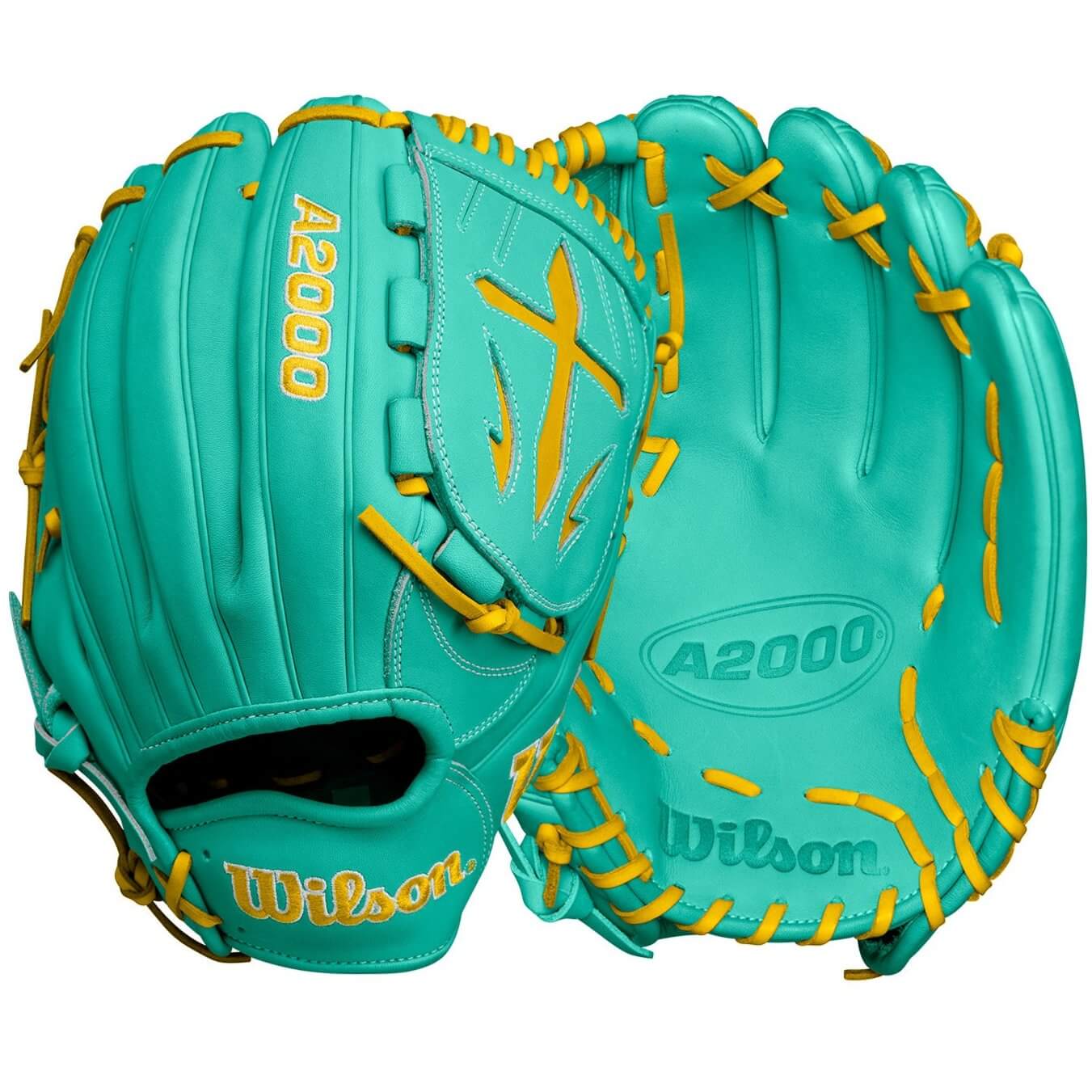 Wilson A2000 B23 Pitcher's Baseball Glove LHT 12" in teal with yellow accents, designed for secure fit and optimal performance.