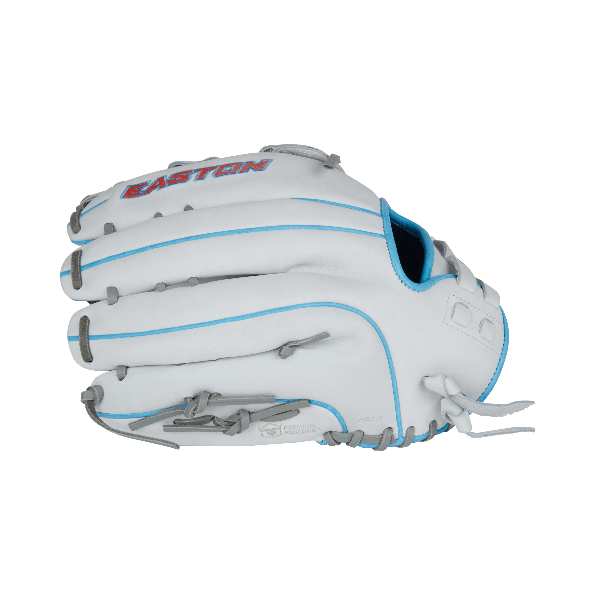Easton Pro Collections Series Softball Glove in White/Columbia Blue/Pink, 13 inches, designed for fastpitch softball.