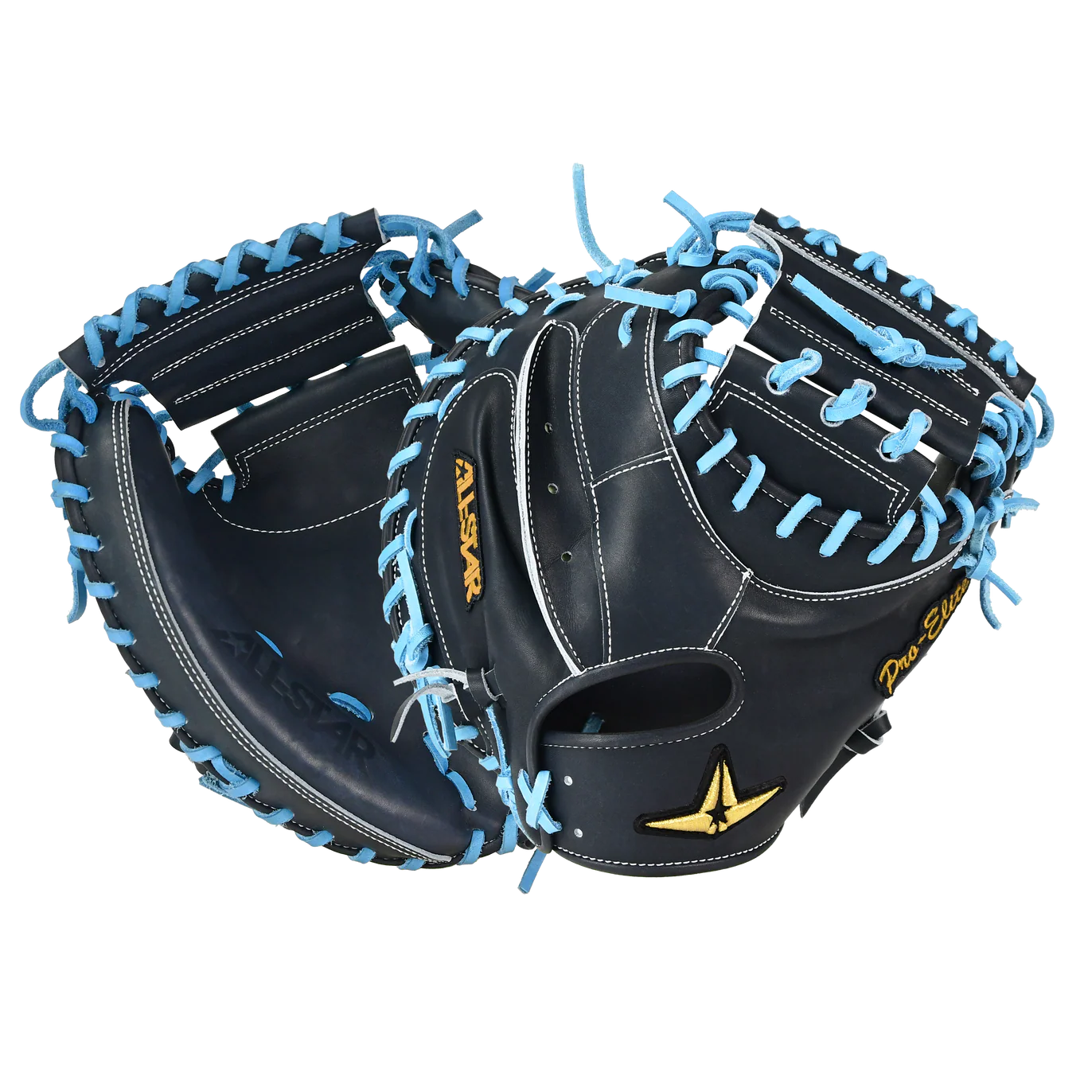 All-Star Pro-Elite Japan 34 Catchers Mitt Open Back in navy and sky blue with premium craftsmanship for elite performance.