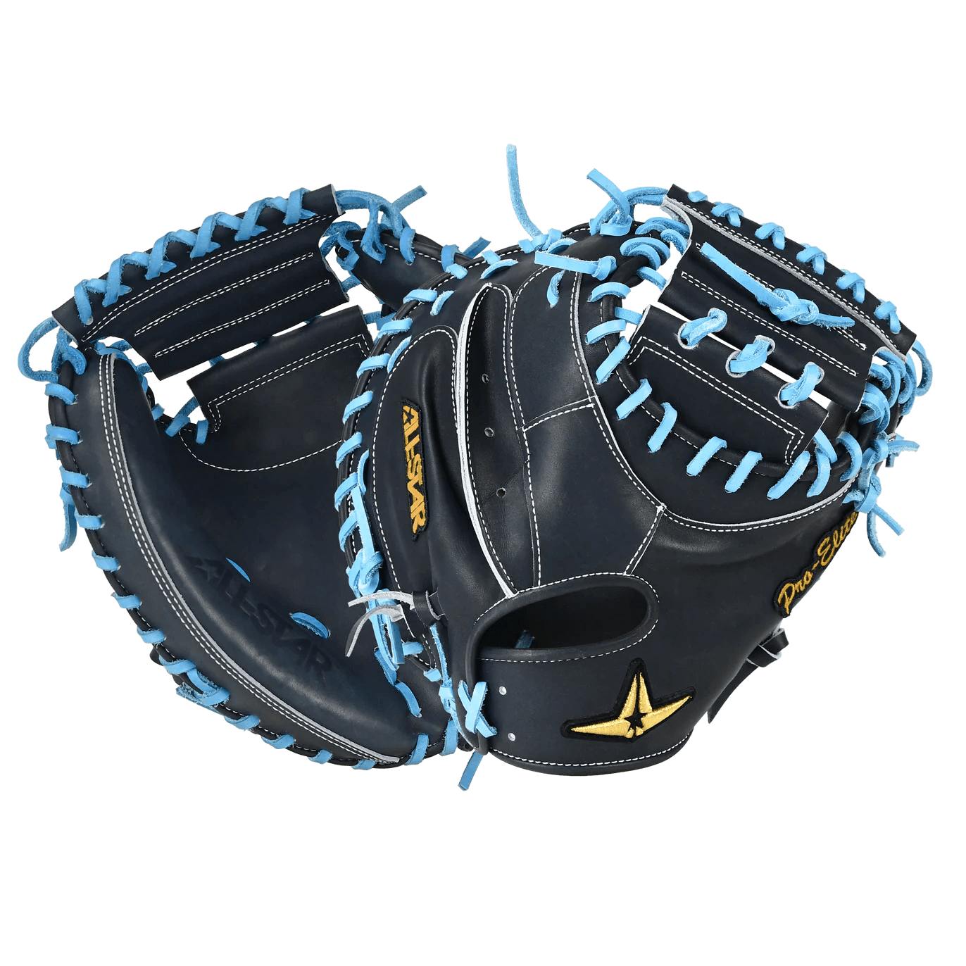 All-Star Pro-Elite Japan 34 Catchers Mitt Open Back in navy and sky blue with premium craftsmanship for elite performance.