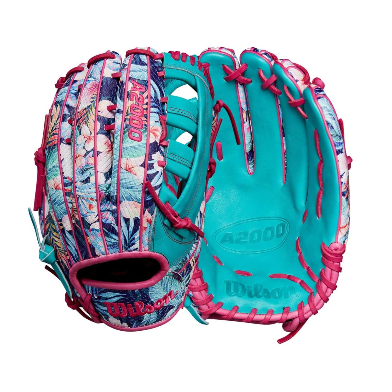 Wilson A2000 Randy Arozarena Game Model glove in floral print with teal leather palm, 12.75" left-hand throw.