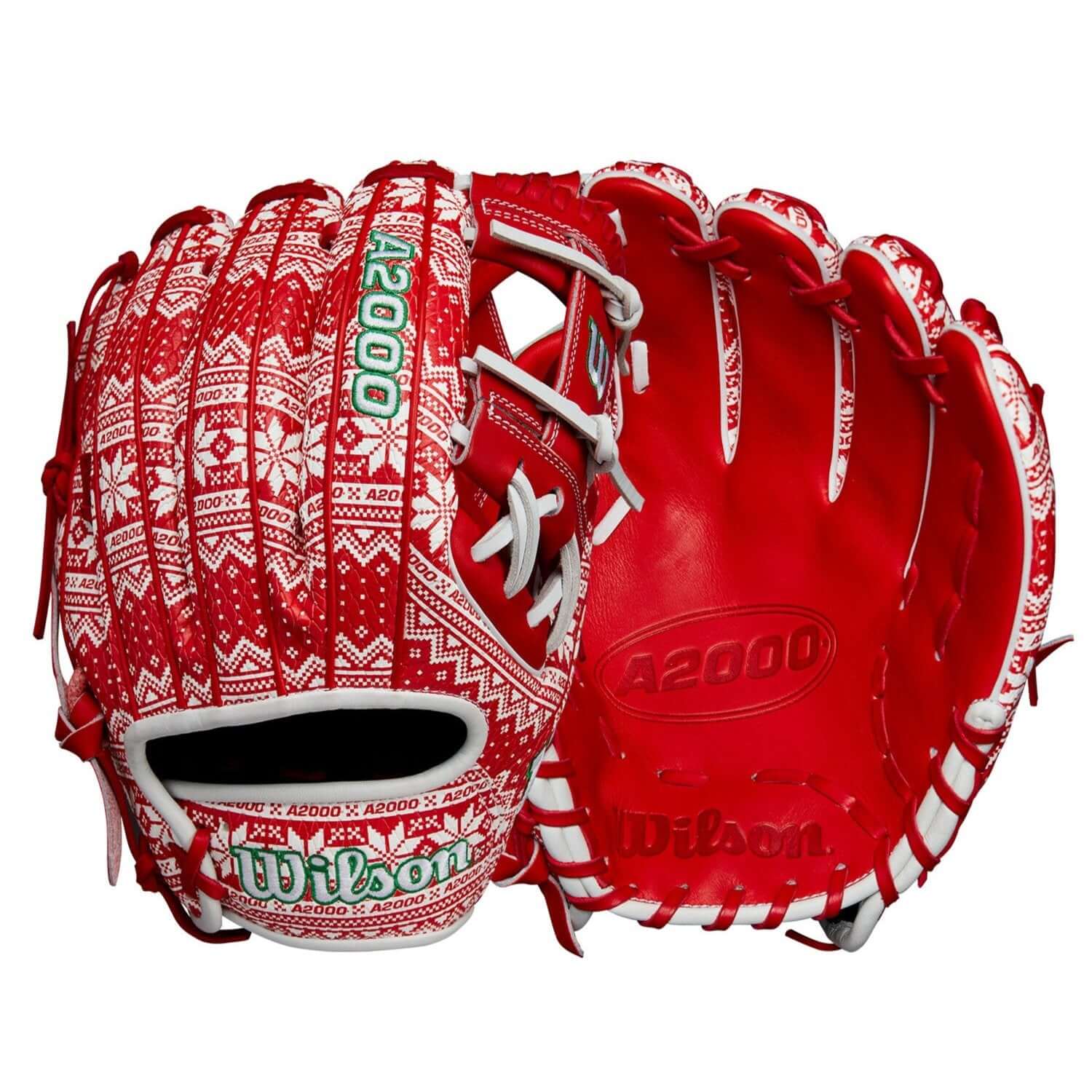 Wilson A2000 1975 11.75" red glove with Holiday Sweater design and SuperSnakeSkin™ material. Perfect for infield play.