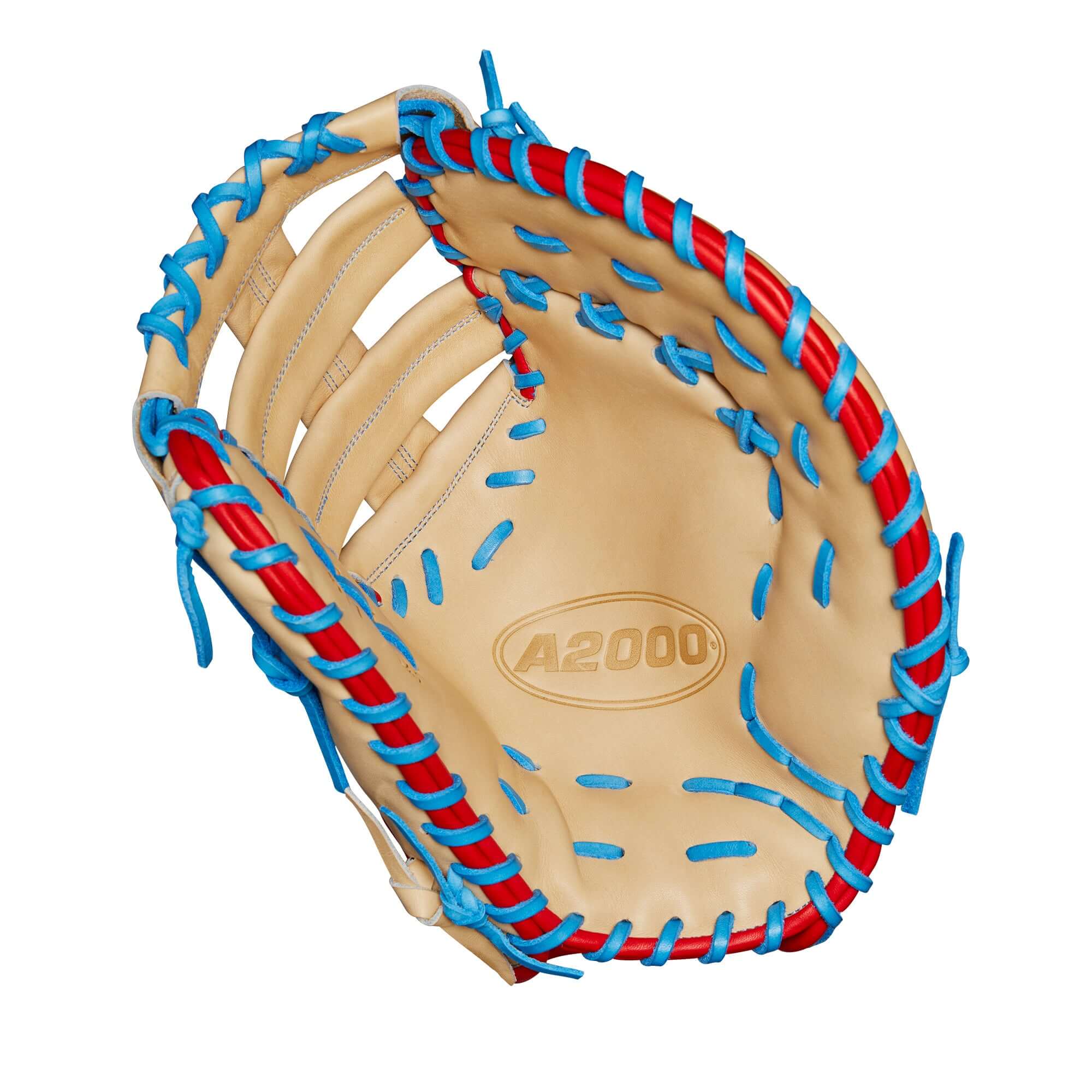 Wilson A2000 1677 first base mitt interior view with blonde leather and blue-red lacing.