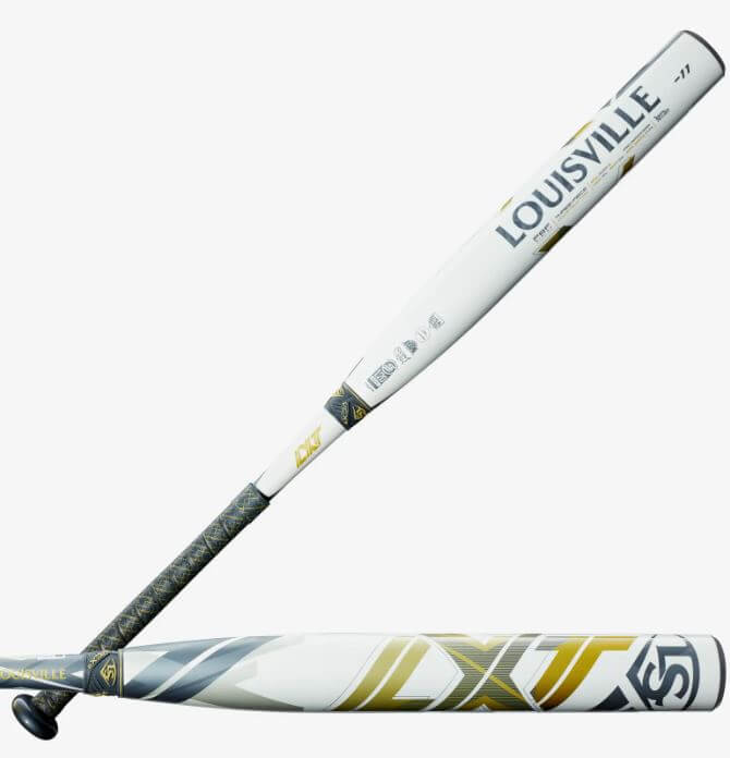 Wilson Louisville Slugger FP LXT (-11) bat side profile with gold and white graphics, visible certification marks and handle grip.