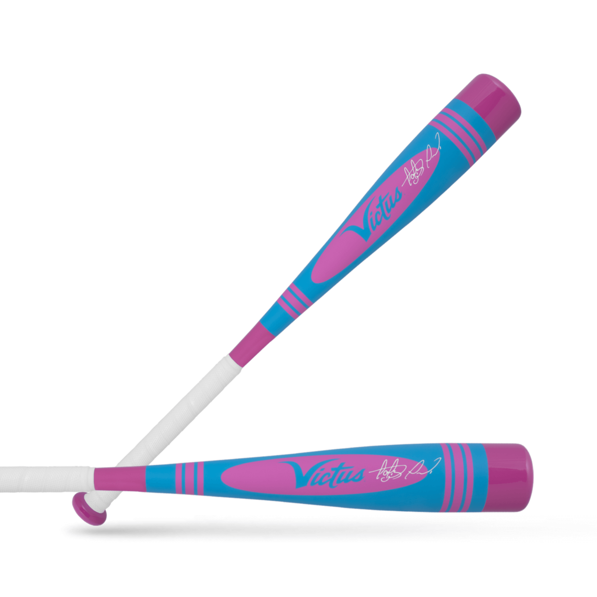 Victus Vibe Pro-Crayon Tatis Tee Ball bat showcasing vibrant blue and pink design, perfect for young athletes.