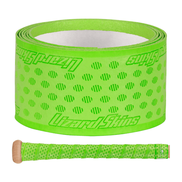 Lizard Skins DSP Ultra Bat Grip - 0.5 mm, neon green roll with oval pattern, visible branding, and multi-directional ridges.