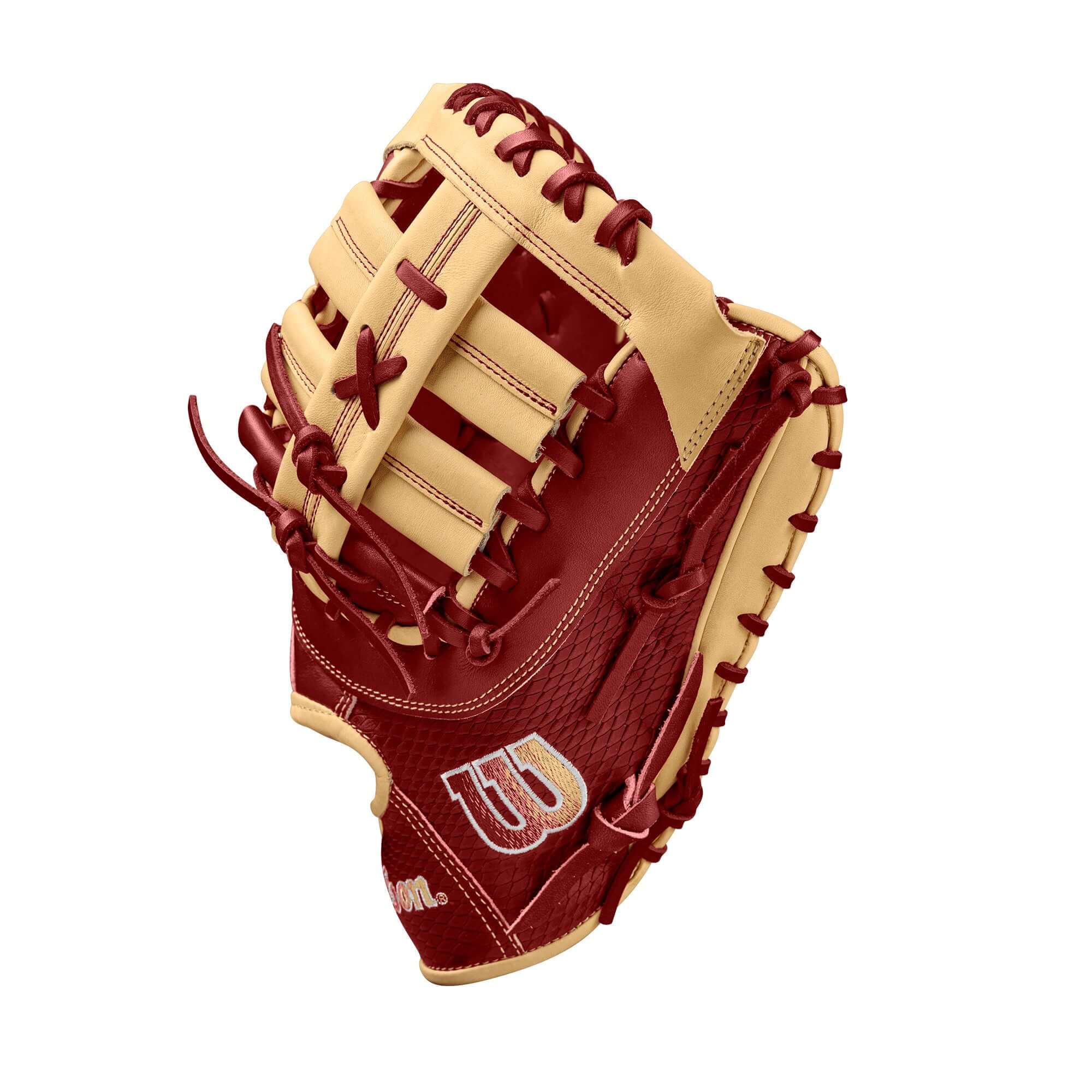 Wilson Fall 2024 A2K 1679 Baseball First Base Mitt LHT in Blonde and Brick Red color, showcasing expert craftsmanship.
