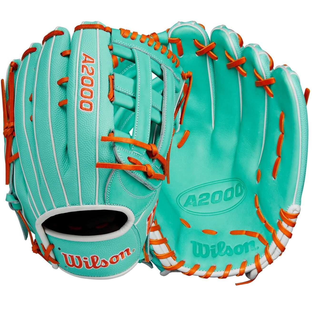 Wilson A2000 February 2024 Glove of the Month in Seafoam and Orange, featuring Pro Stock leather and Dual Post Web design.