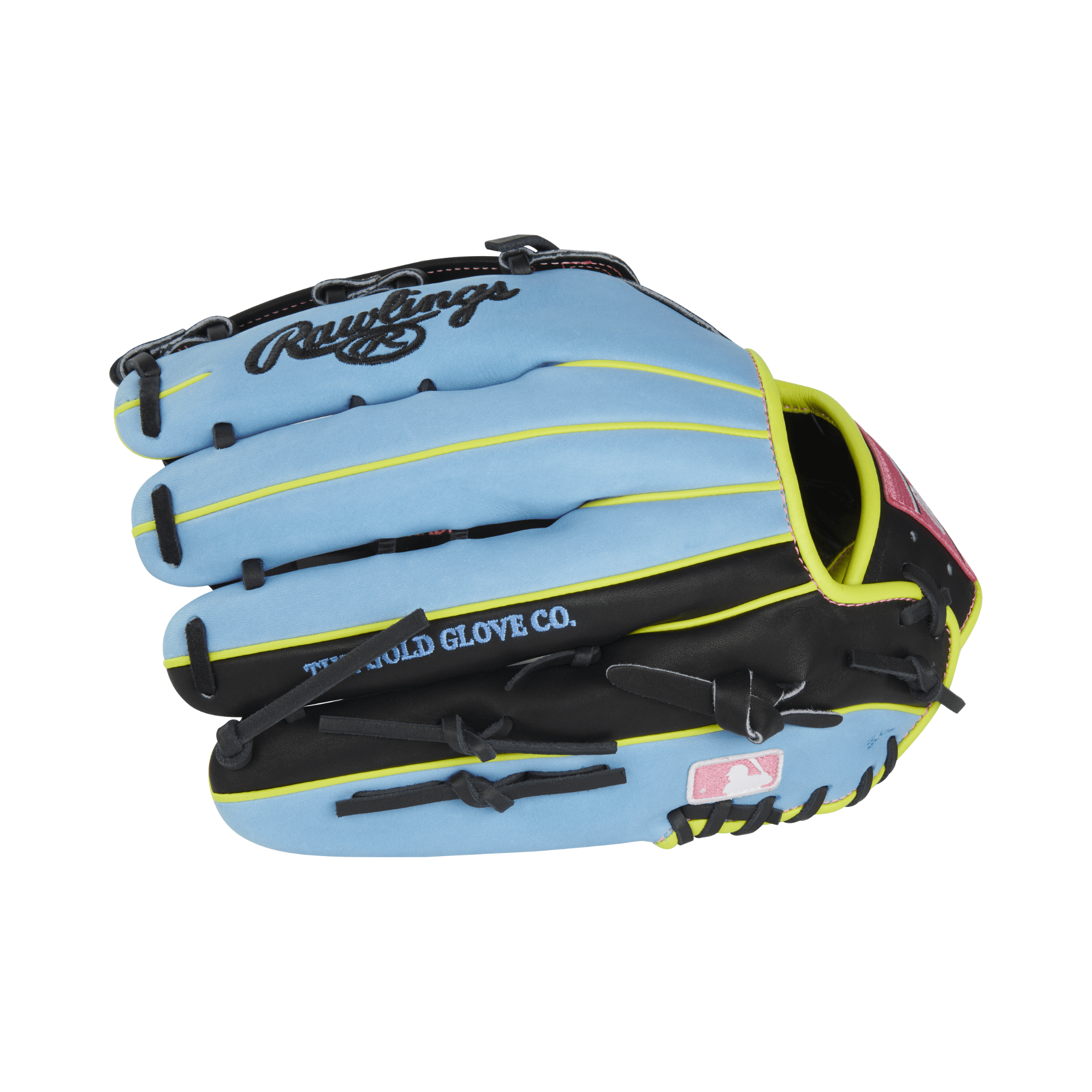 Rawlings Heart Of the Hide Color Sync 8.0 Limited Edition 12.75" outfield glove in blue and black with yellow accents.