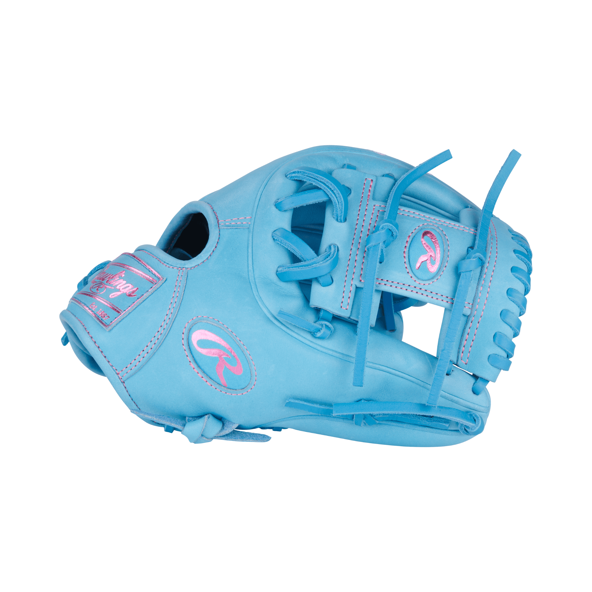 Rawlings Heart of the Hide 11.5" infield baseball glove in Columbia Blue design with pink accents.