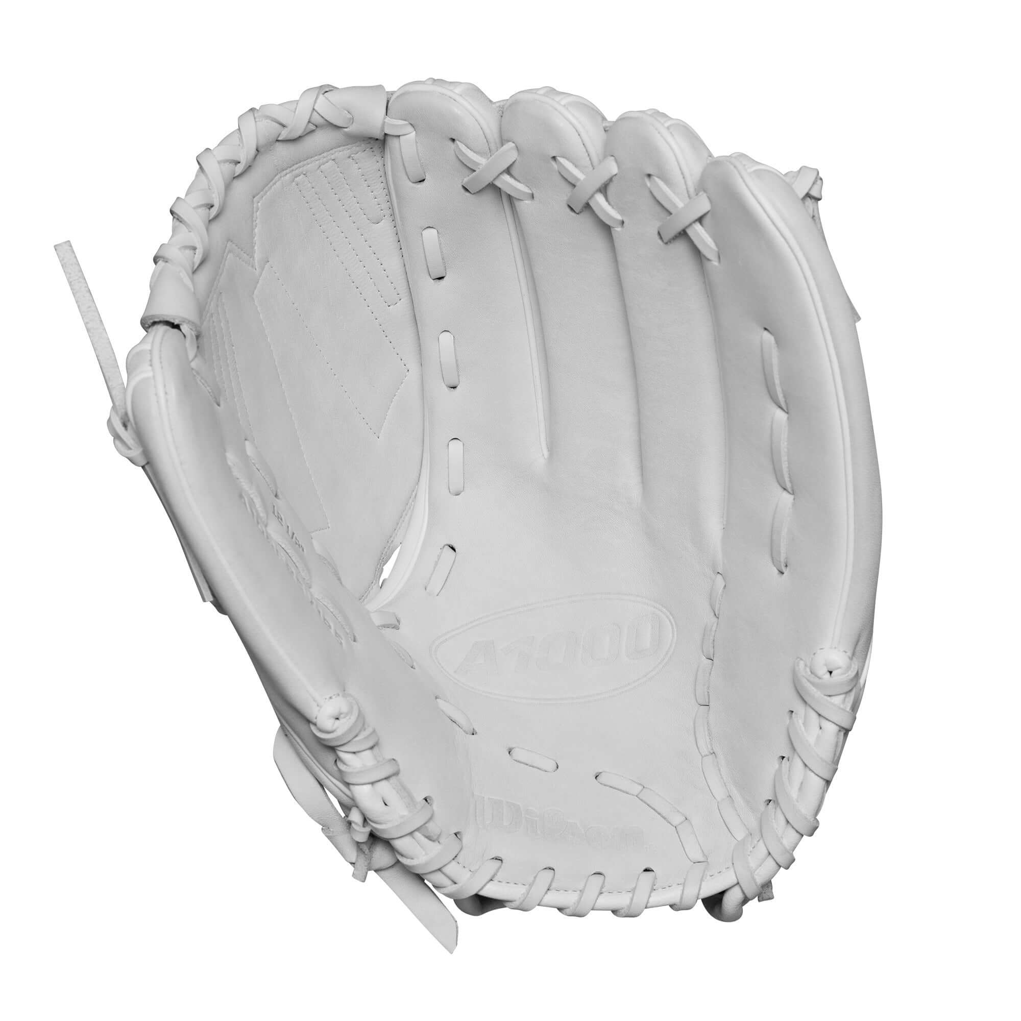 Wilson A1000FP V125 12.5" fastpitch softball glove in white, designed for utility players and optimized for performance.