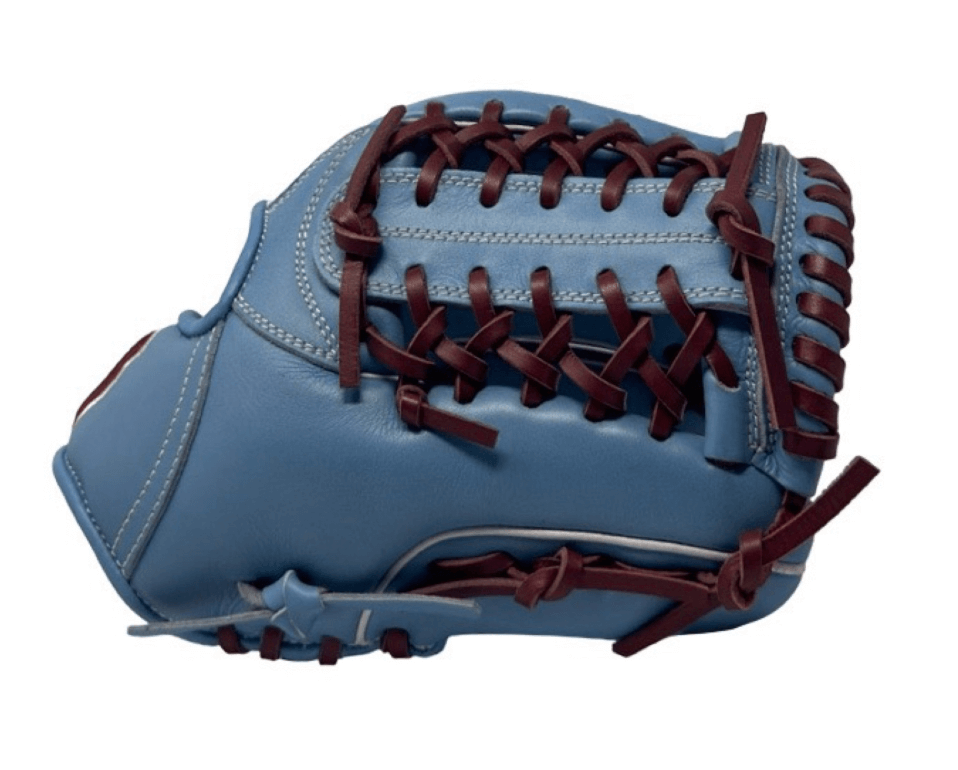 Sacco Youth Ultra Smooth Kip 11” Mod Trap Glove web detail in Light Blue with white stitching.