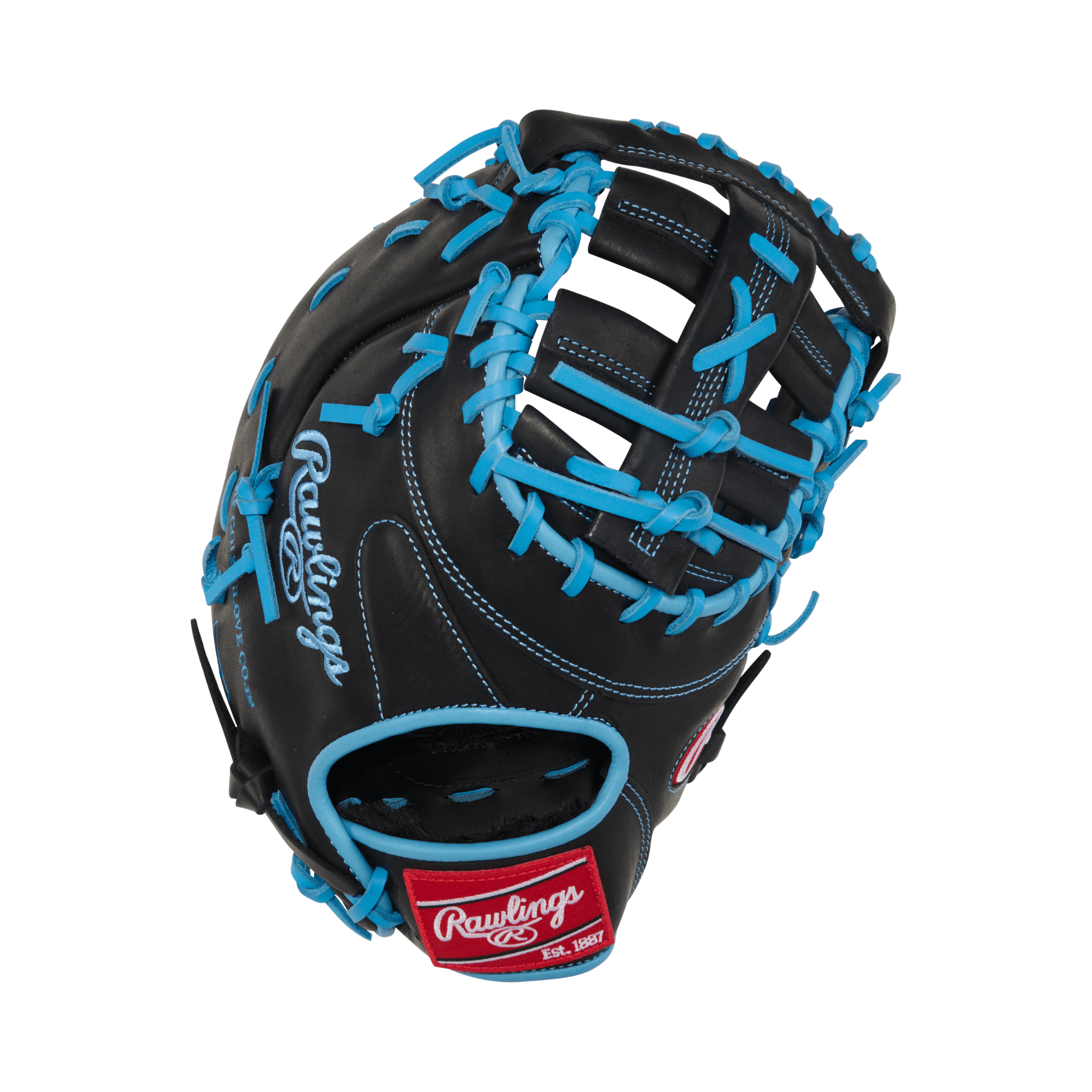 Rawlings R9 13" First Base Mitt in black with color blue accents, designed for performance and comfort.