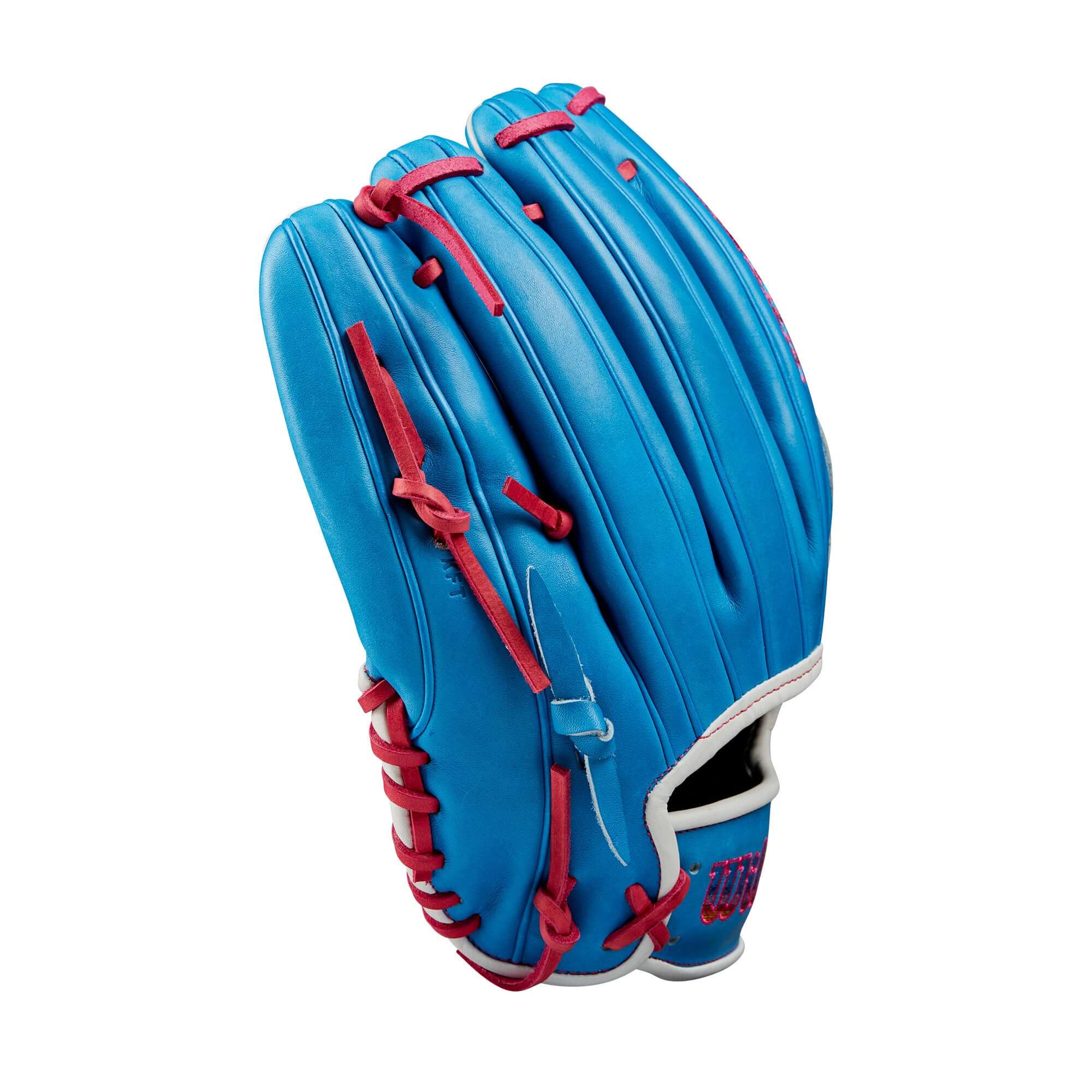 Wilson 2024 Autism Speaks A2000 B2 12" pitcher’s glove in blue with pink accents and stitching.