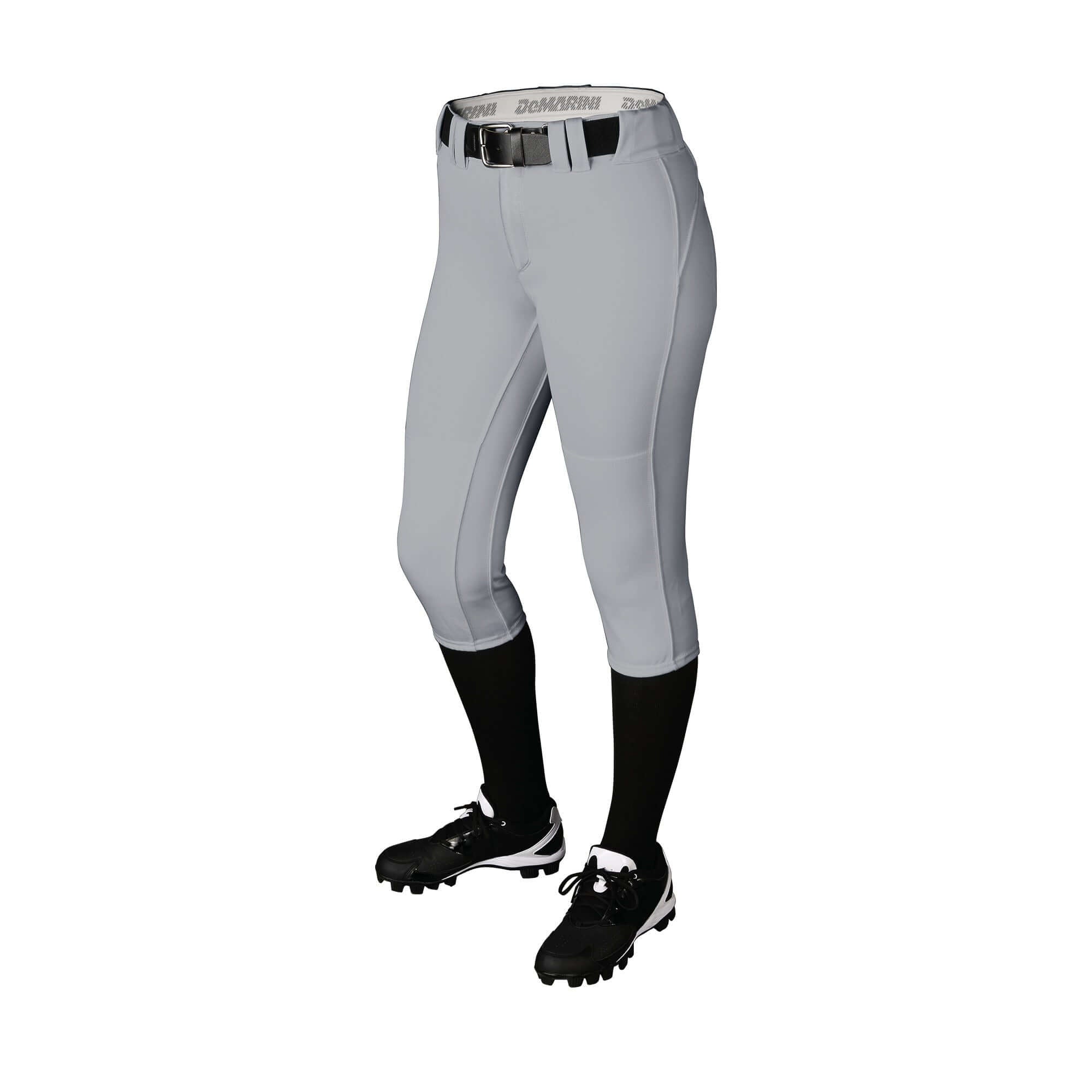 Side view of DeMarini Womens Uprising Pant Grey showing athletic fit and belt loops.