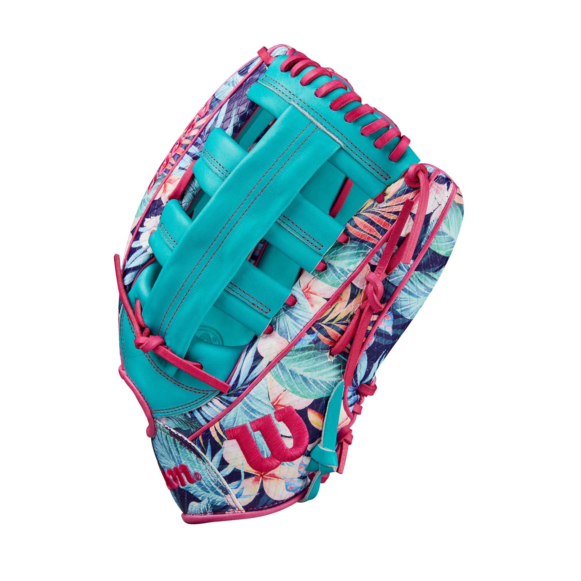 Wilson A2000 Randy Arozarena glove, 12.75" outfield glove with floral print and teal accents.
