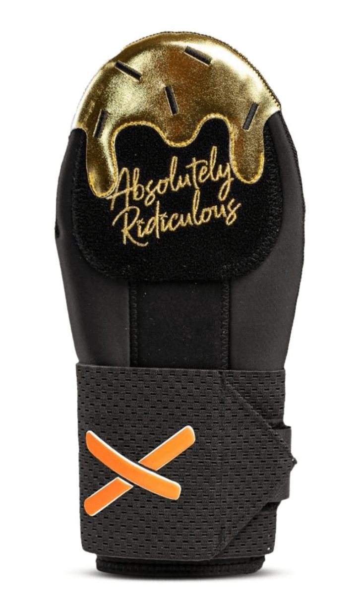 Front view of Absolutely Ridiculous Ice Cream Collection-Vegas Gold Sliding Mitt Standard with gold top and black strap.