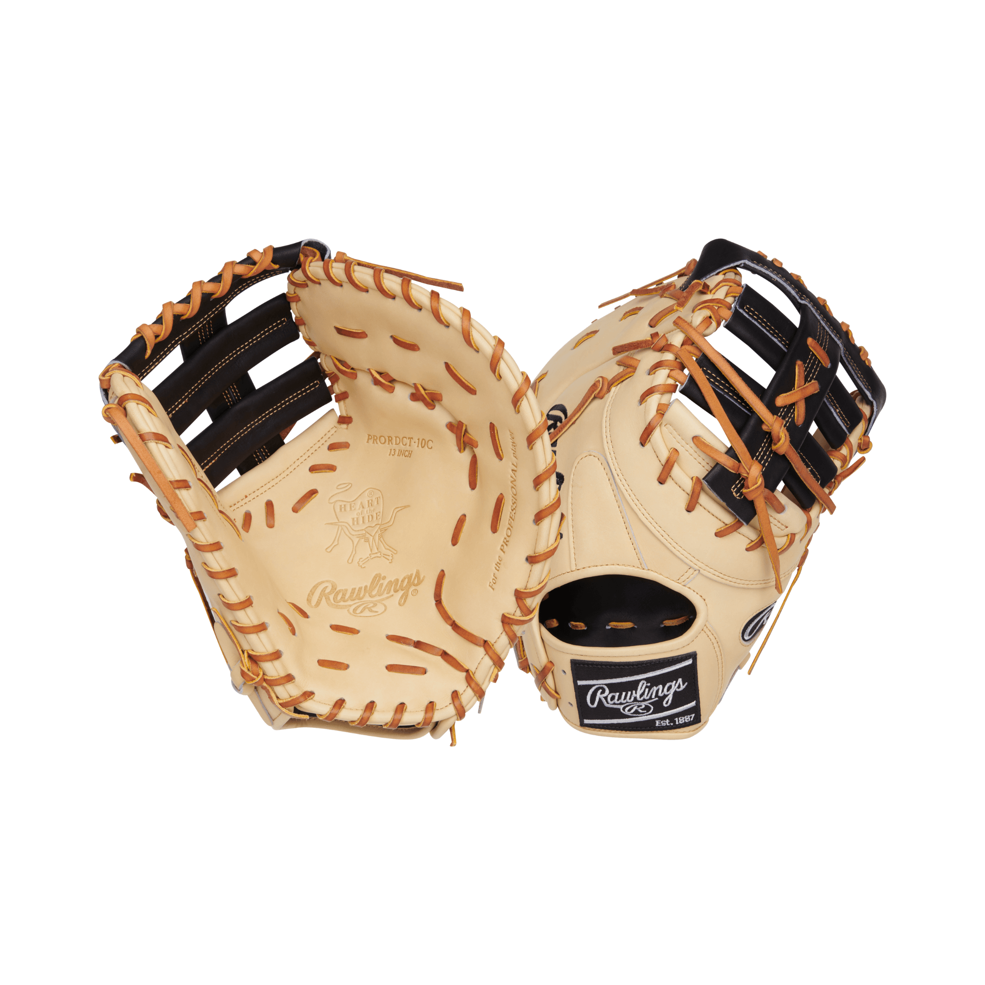 Rawlings Heart of the Hide Series First Base Mitt 13" in Camel/Black, showcasing its premium leather construction and craftsmanship.