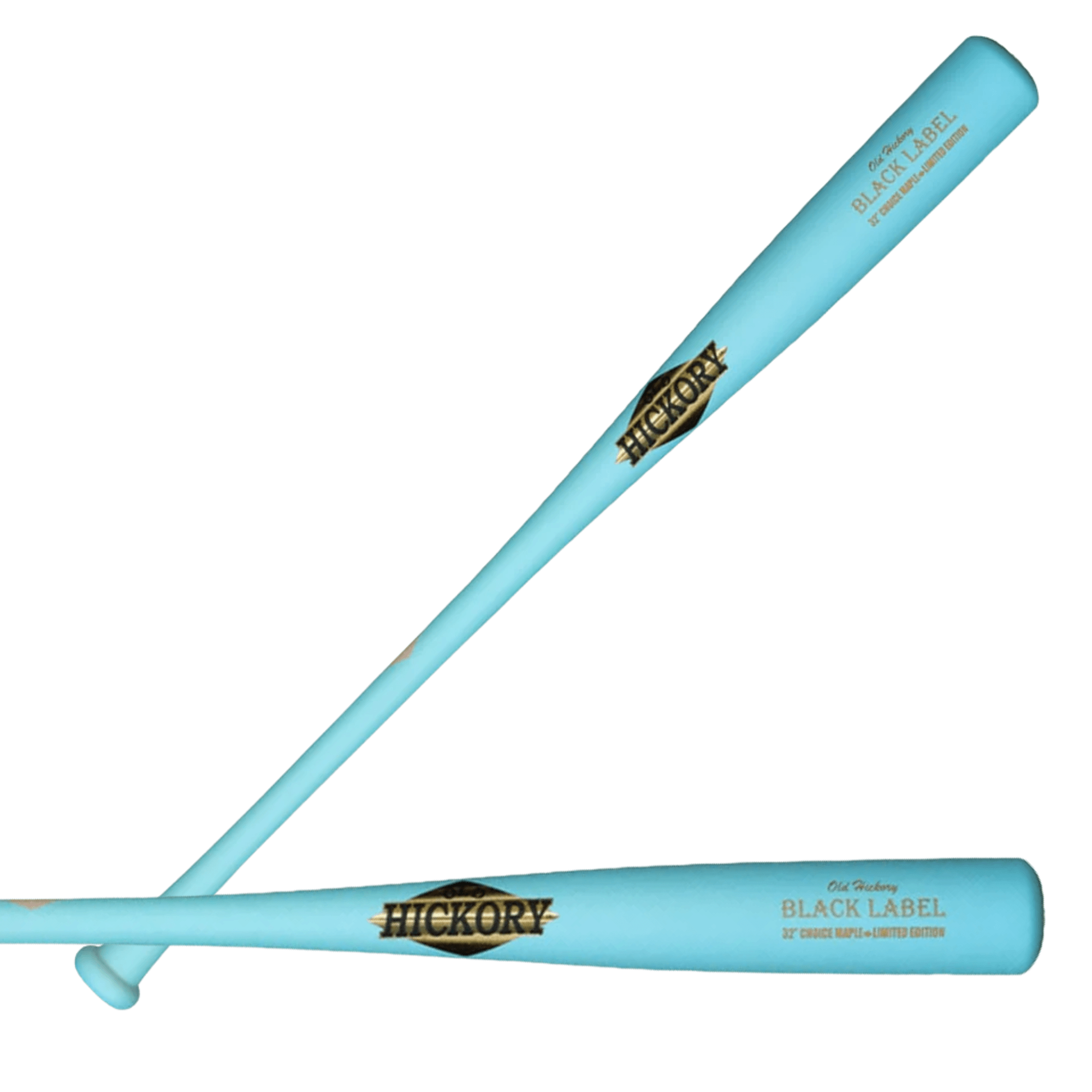 Side profile of Old Hickory Black Label Ocean Breeze Wood Baseball Bat with visible logo and unique light blue color.