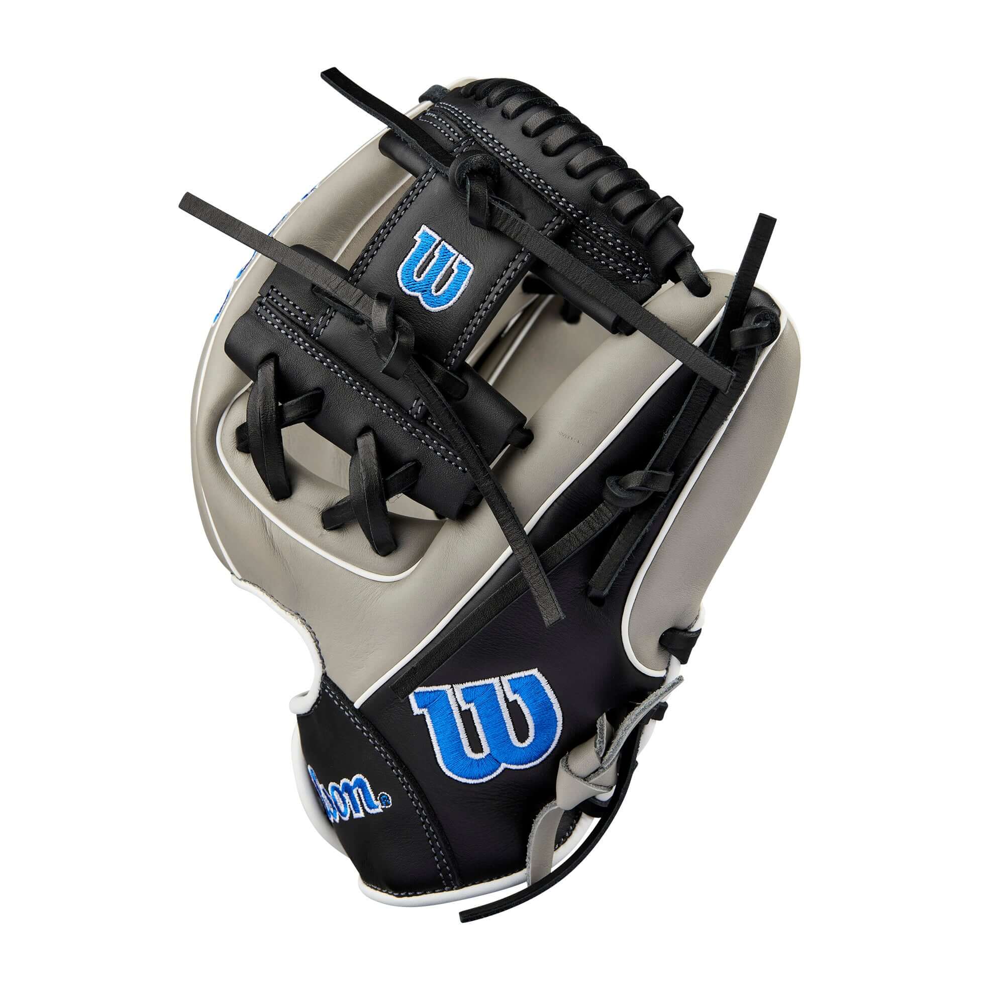 Wilson 2024 A900 PF1125 Grey/Black/Royal 11.25" baseball glove with Pedroia Fit technology for youth players.